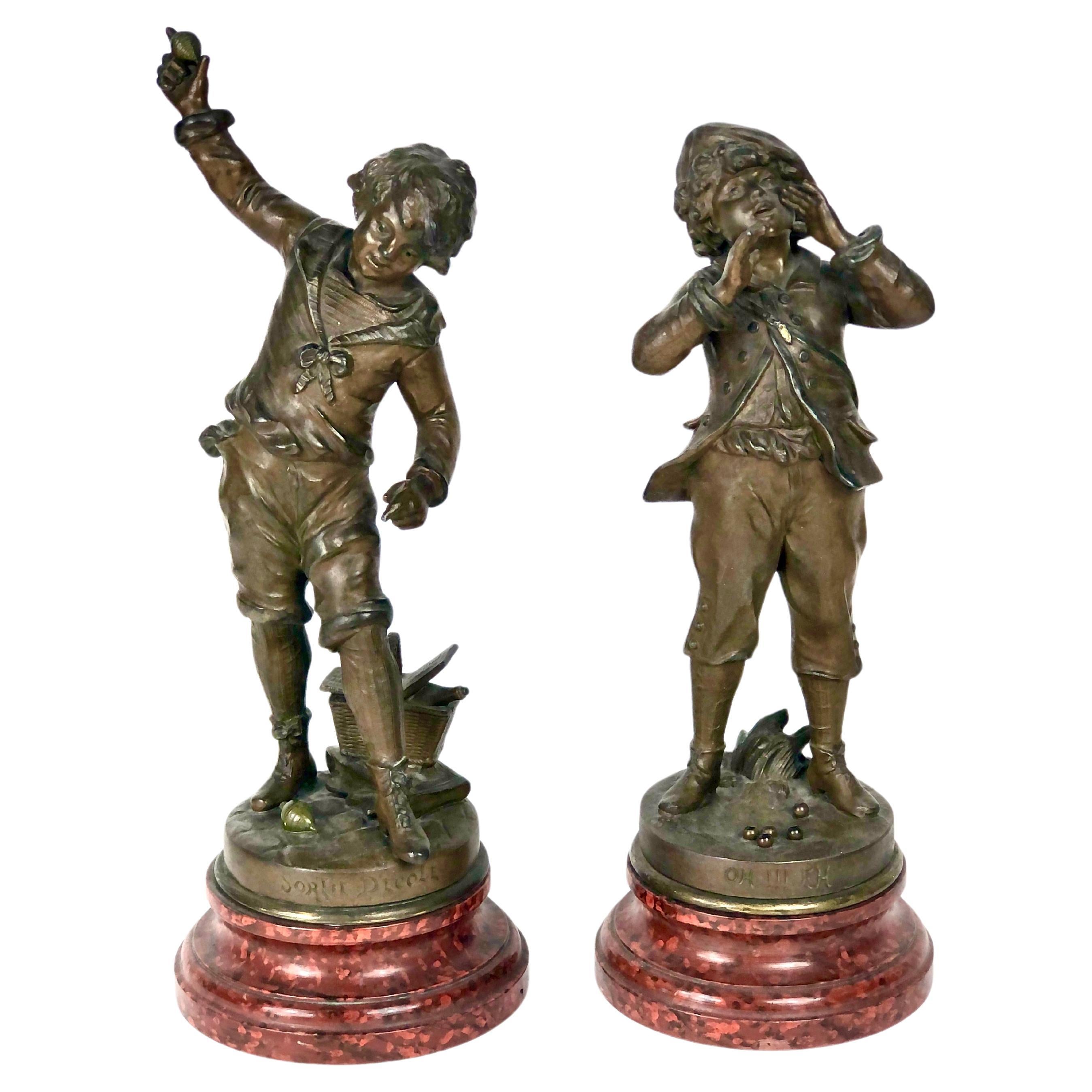 Louis Auguste Moreau Set of Two Boys Spelter Sculptures 19th Century For Sale