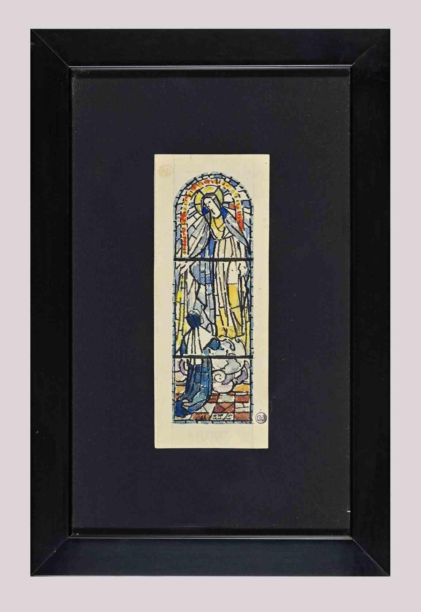 Skizze für ein Glasfenster –  Tinte und Aquarell von Louis Balmet – 1950er-Jahre im Angebot 1