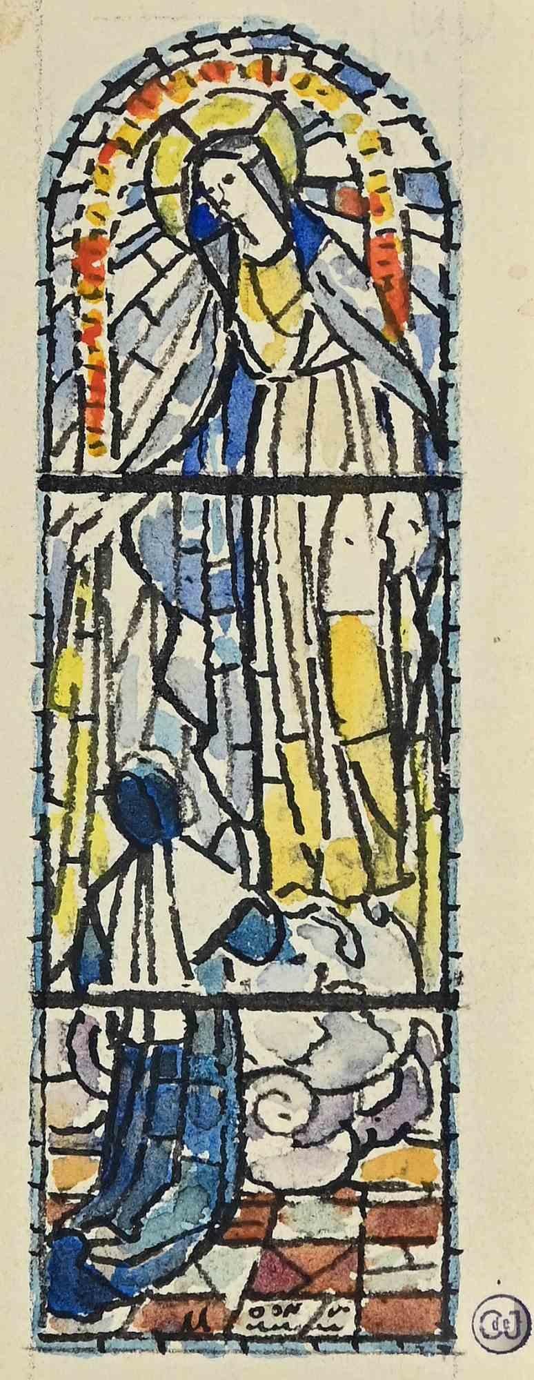 Sketch for a Glass-window -  Ink and Watercolor by Louis Balmet - 1950s