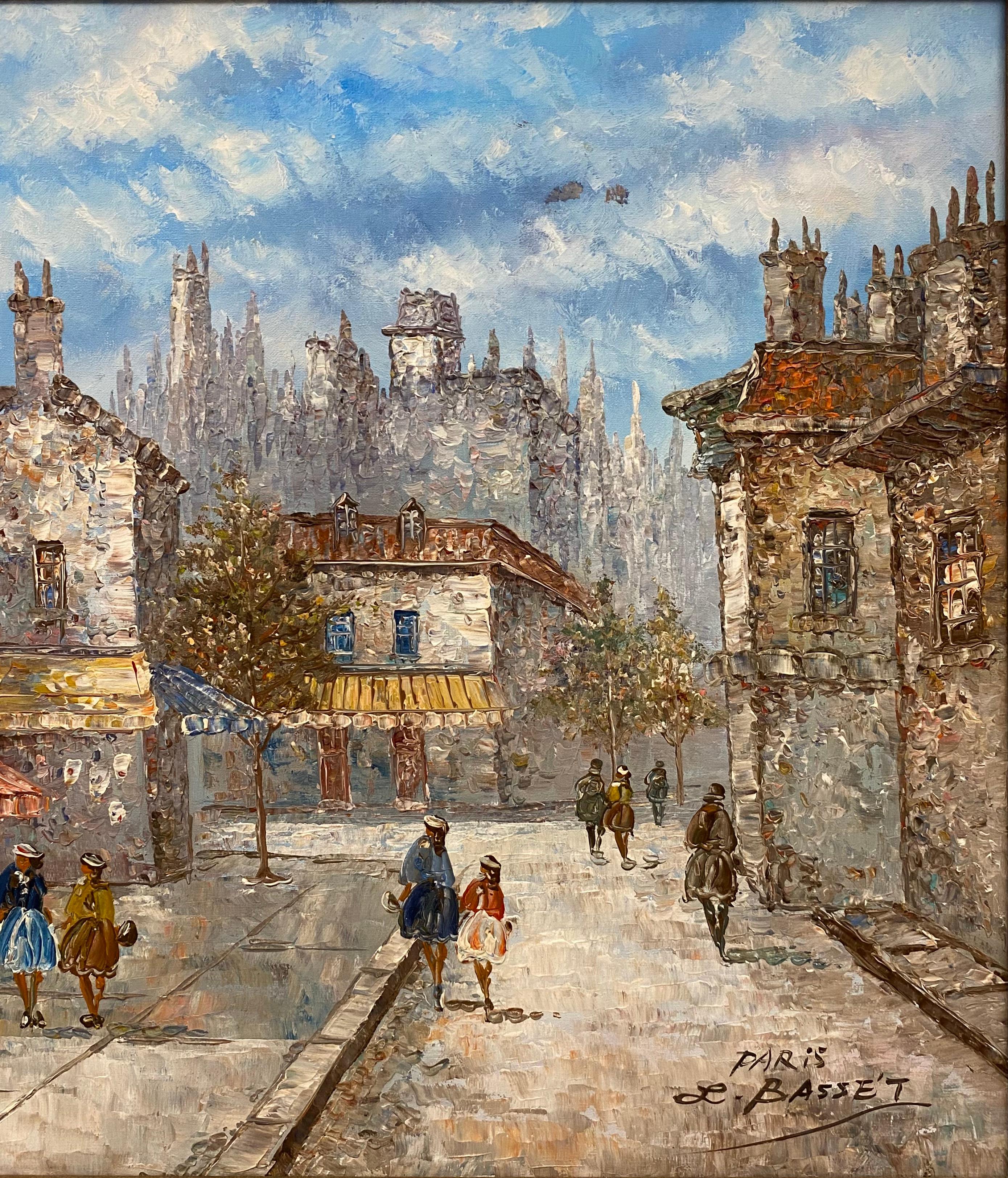 Paris France Street Scene Oil Painting by Louis Bassett Gilt Wood Frame 1