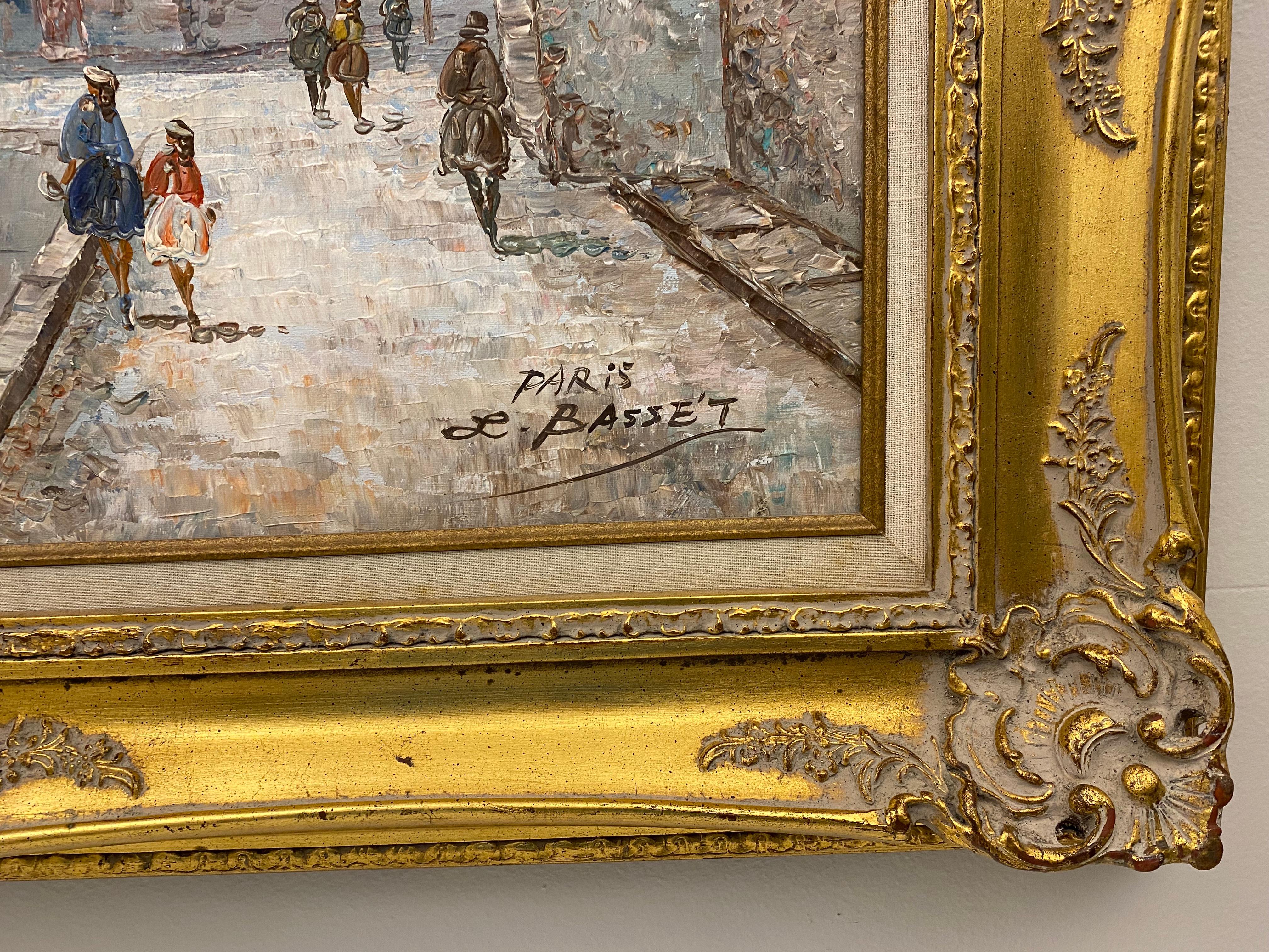 An original oil on canvas painting by Louis Basset French Postwar & Contemporary painter who was born in 1948, Paris Street Scene. 

Signed lower right, presented in a fine hand-carved gilt wood frame.

This bold, beautifully decorative painting