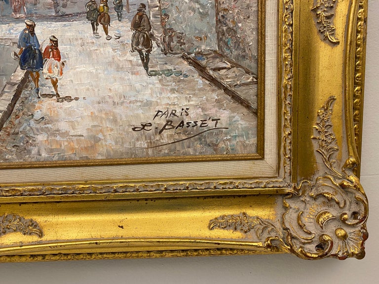 Louis Bassett Oil on Canvas Painting Paris Street Scene, Carved Gilt