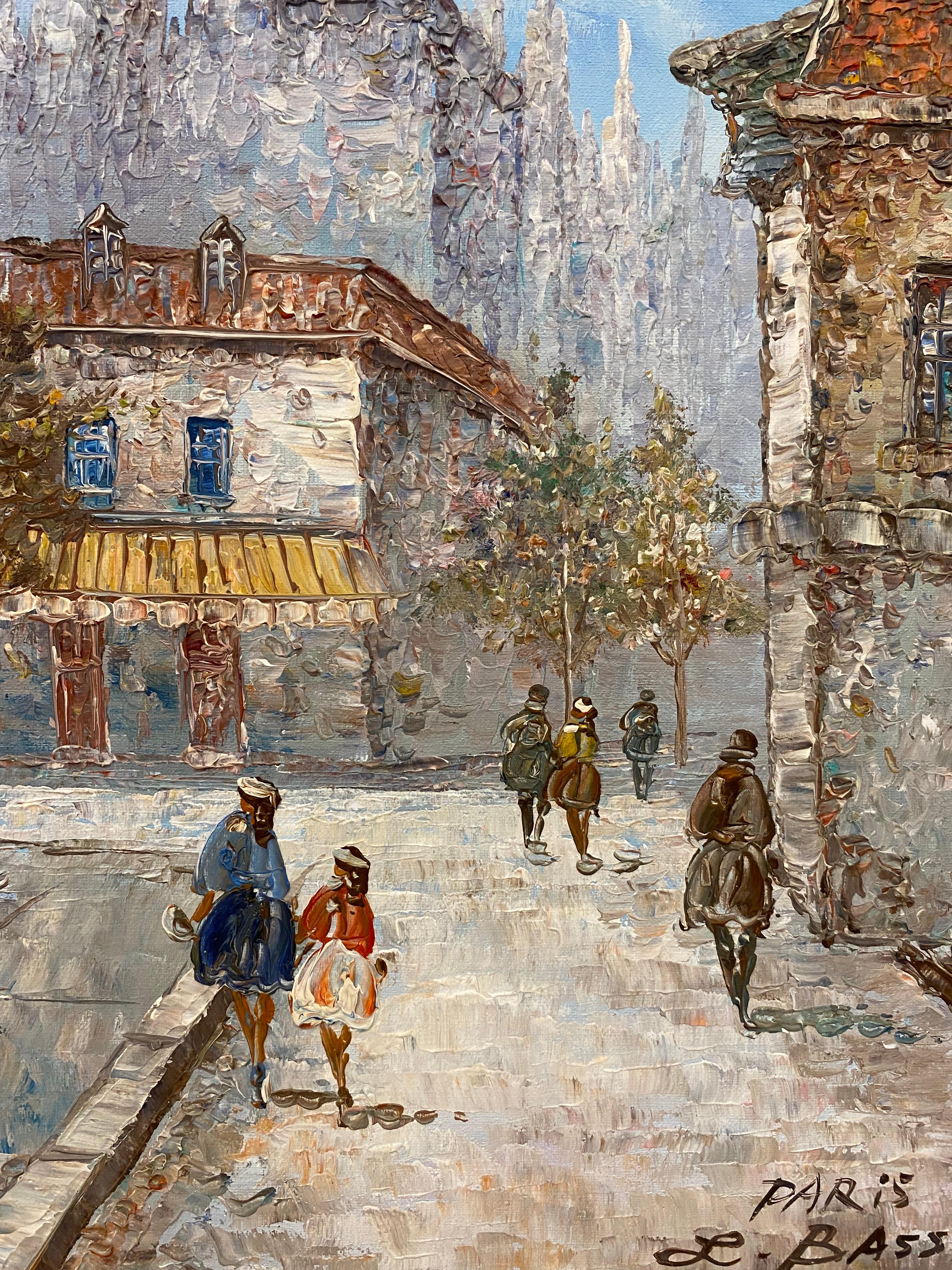 Hand-Carved Paris France Street Scene Oil Painting by Louis Bassett Gilt Wood Frame