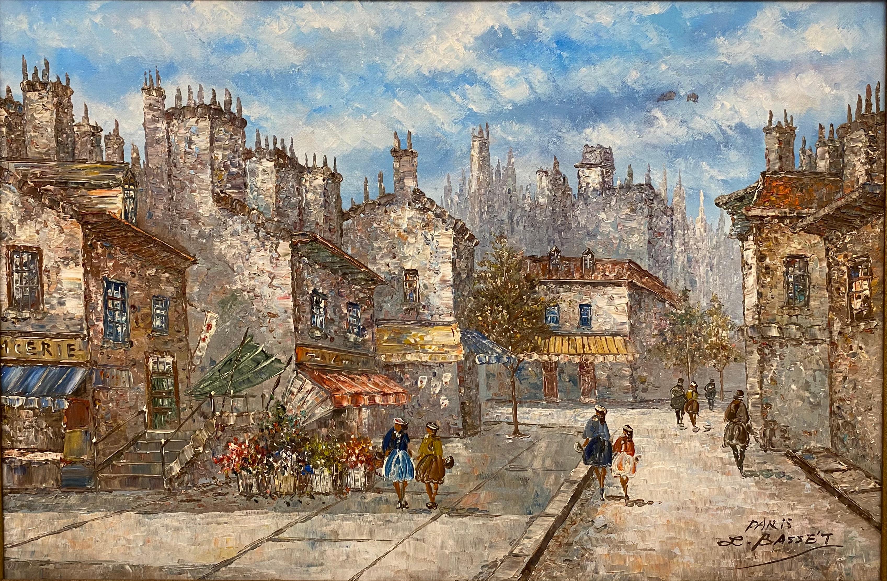 Paris France Street Scene Oil Painting by Louis Bassett Gilt Wood Frame In Good Condition In Miami, FL