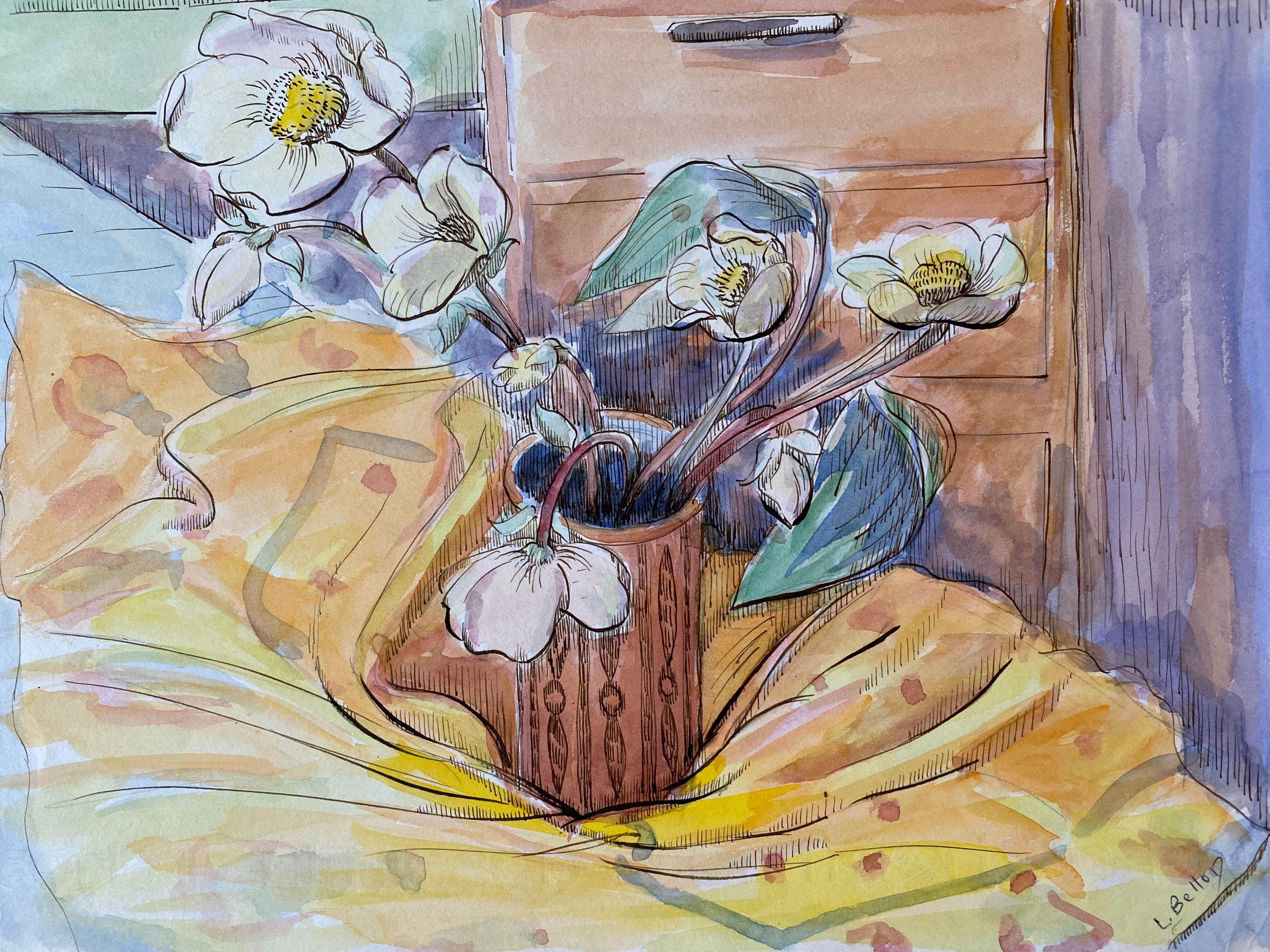 Nature morte et fleurs de l'artiste post-impressionniste des années 1940 dans un vase - Painting de Louis Bellon