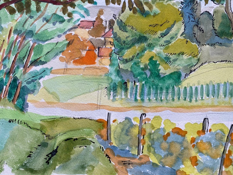 1940's Provence France Painting Green Landscape - Post Impressionist artist - Brown Landscape Art by Louis Bellon