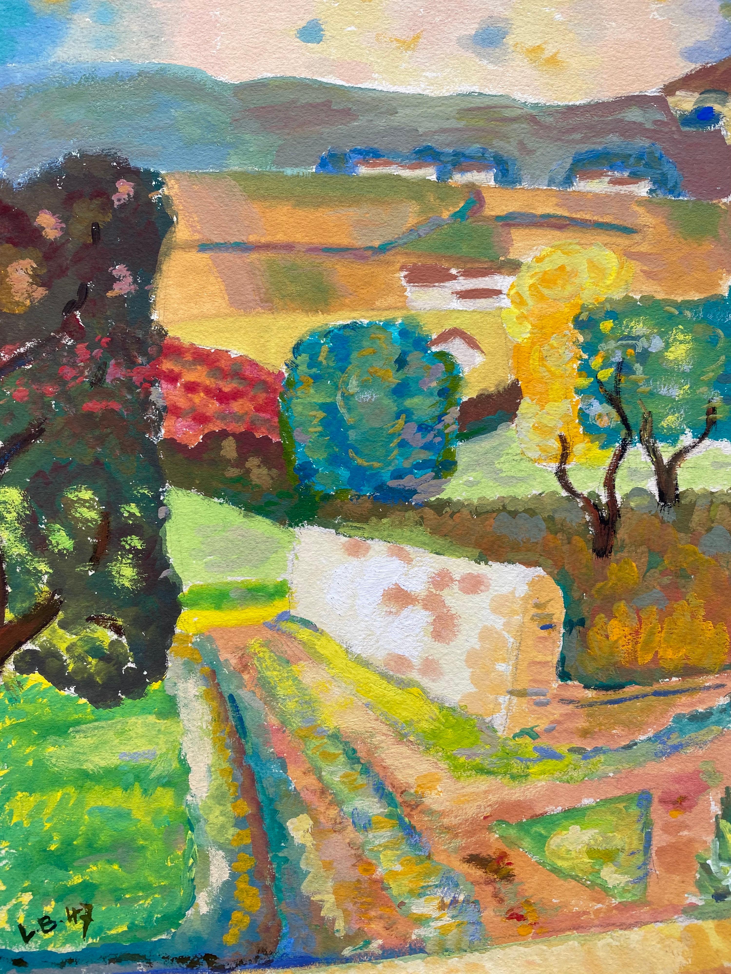 Paysage de Provence des années 1940 - Artiste post-impressionniste - Marron Landscape Art par Louis Bellon