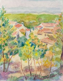1940's Provence France Painting Old Town Landscape - Post Impressionist artist