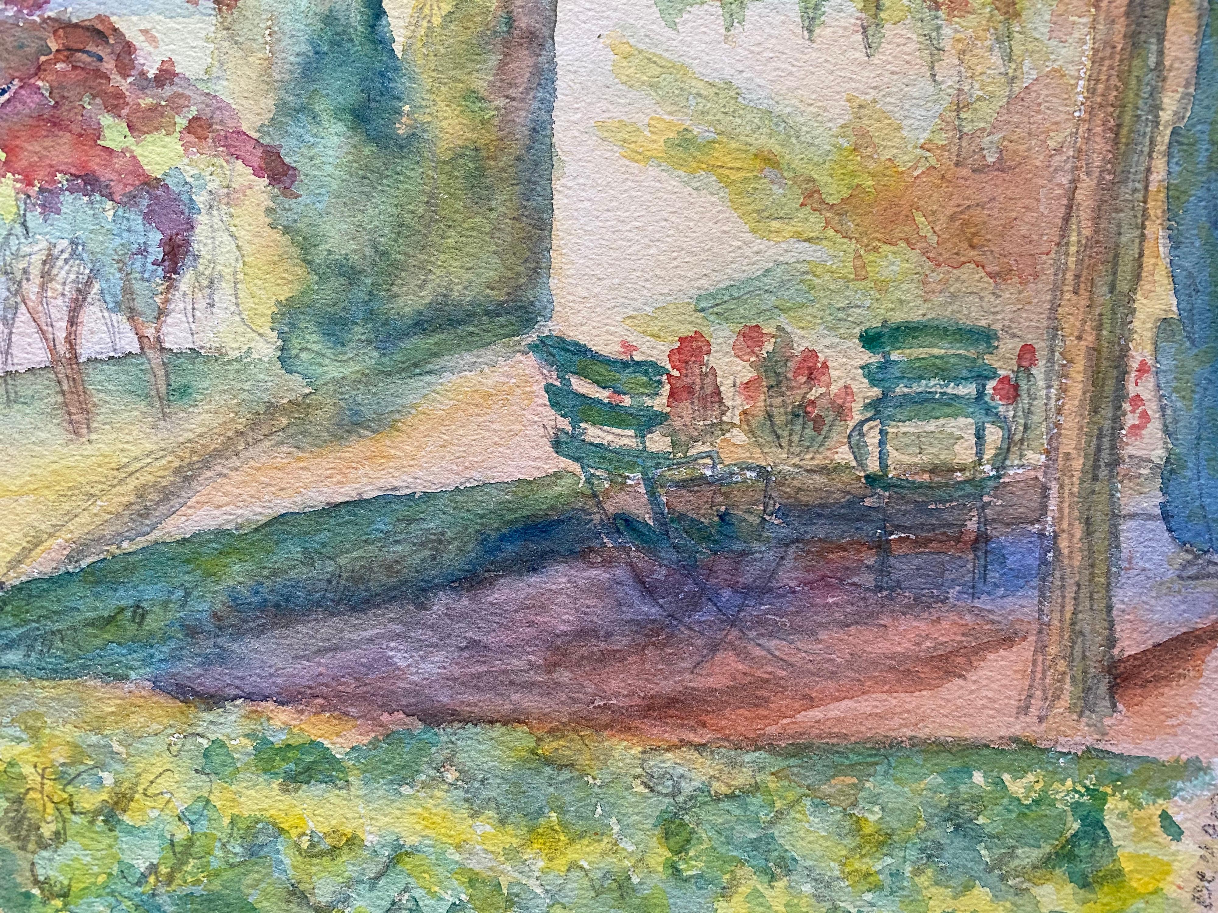 Quadro del giardino estivo di un cottage provenzale del 1940 - Artista post-impressionista - Landscape Painting Marrone di Louis Bellon