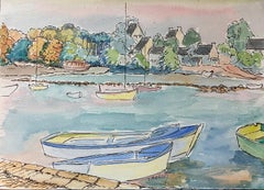 1940's Provence France Painting Sunny Boat Landscape - Post Impressionist artist