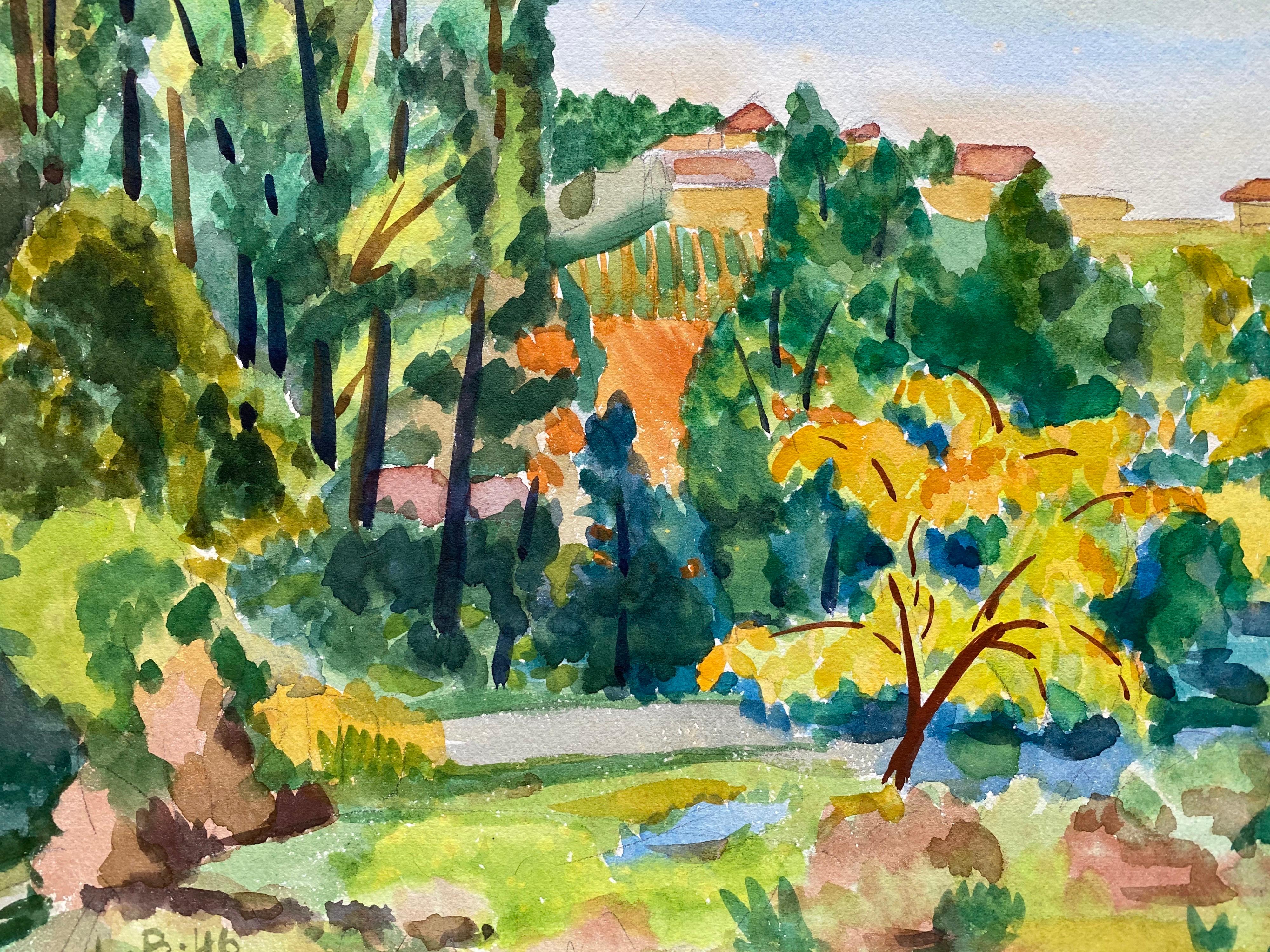 1940's Provence France Painting Sunny Warm Landscape - Post Impressionist artist - Art by Louis Bellon