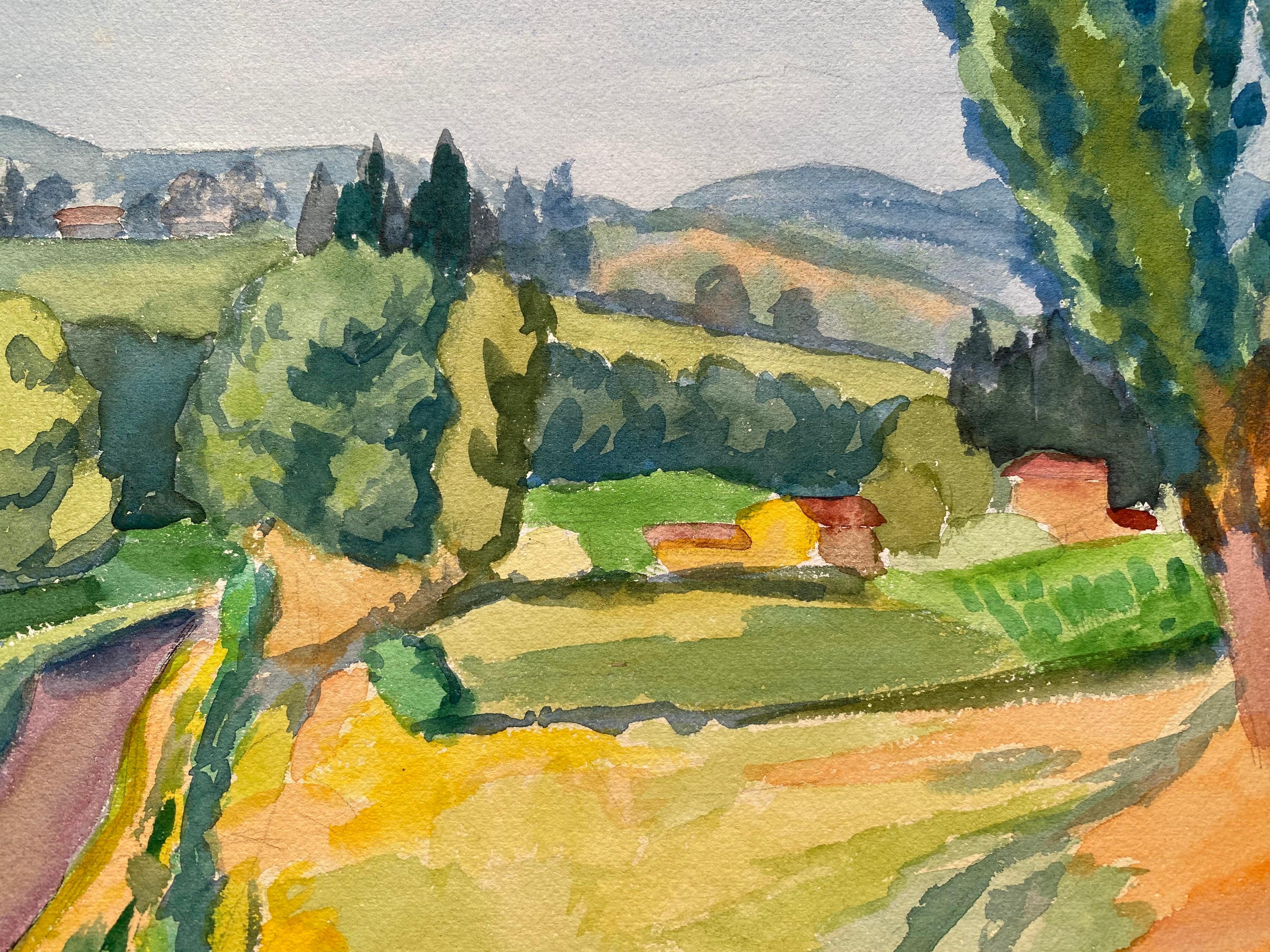 1940 Provenza Francia Pittura Paesaggio Tranquillo - Artista Post Impressionista - Landscape Art Marrone di Louis Bellon
