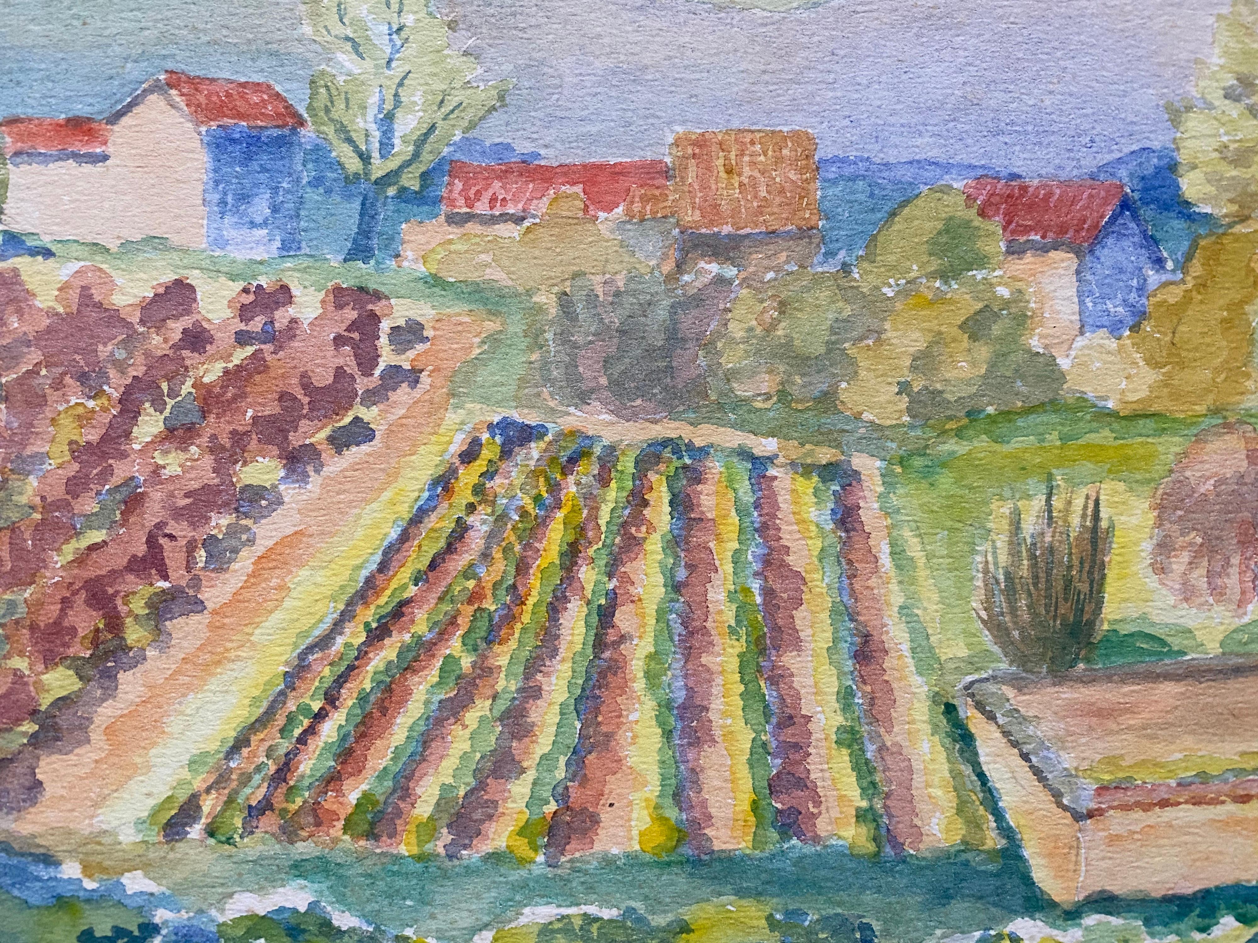 1940's Provence France Painting Vineyard Landscape - Post Impressionist artist - Gray Landscape Painting by Louis Bellon