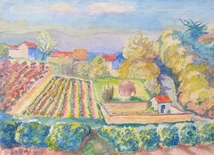 Peinture de paysage de vignoble en Provence des années 1940 - artiste post-impressionniste, France