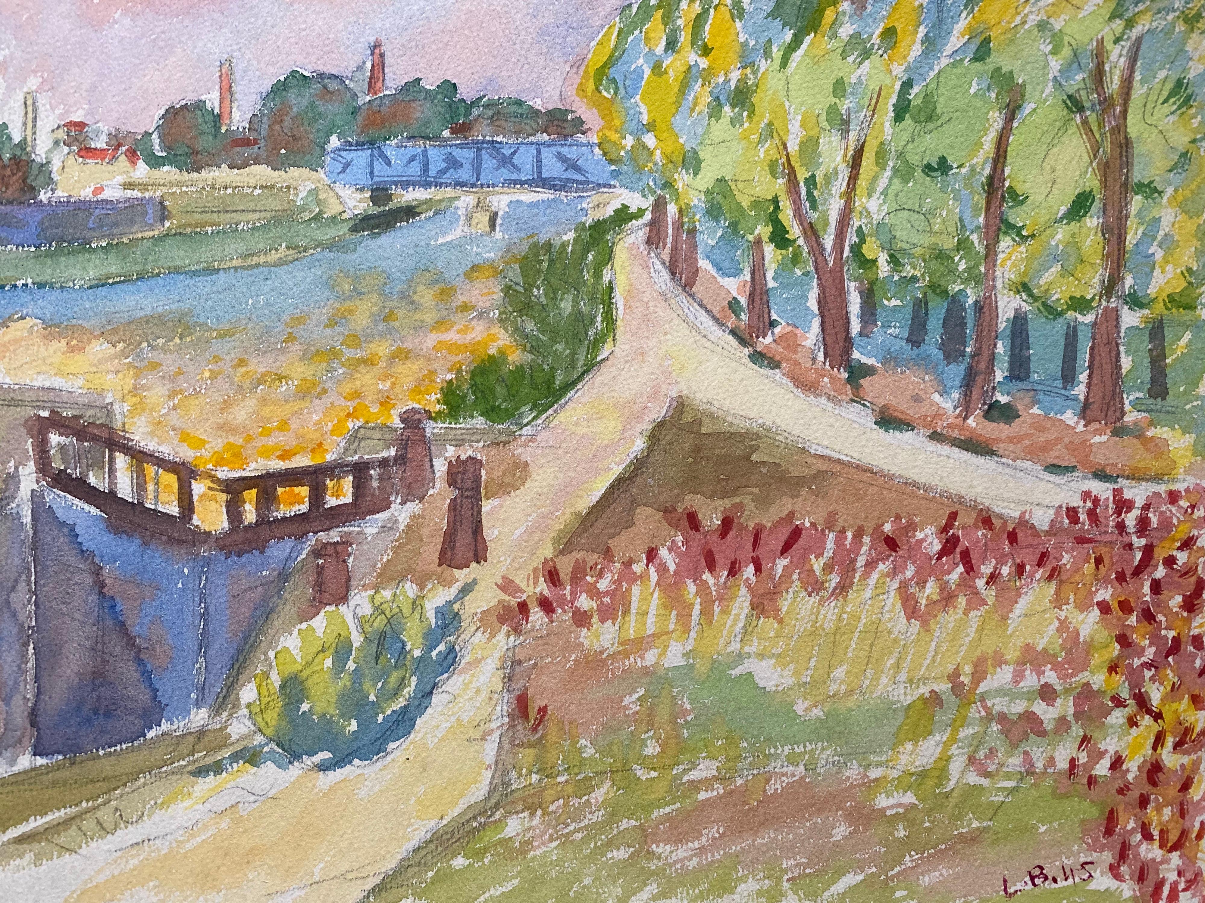 Peinture française Provence des années 1940 - Paysage de rivière  - Artiste post-impressionniste - Painting de Louis Bellon