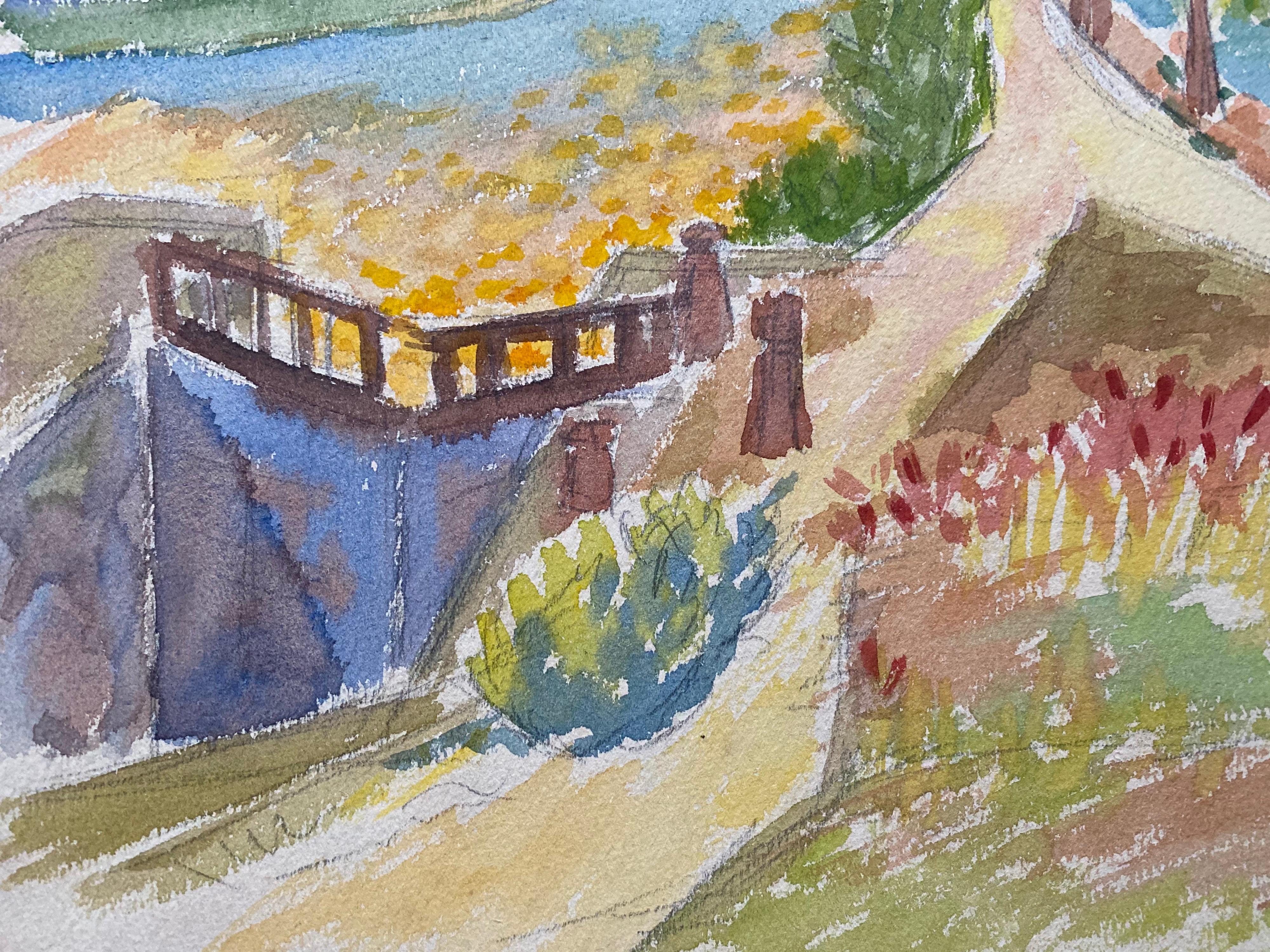 Peinture française Provence des années 1940 - Paysage de rivière  - Artiste post-impressionniste - Marron Landscape Painting par Louis Bellon