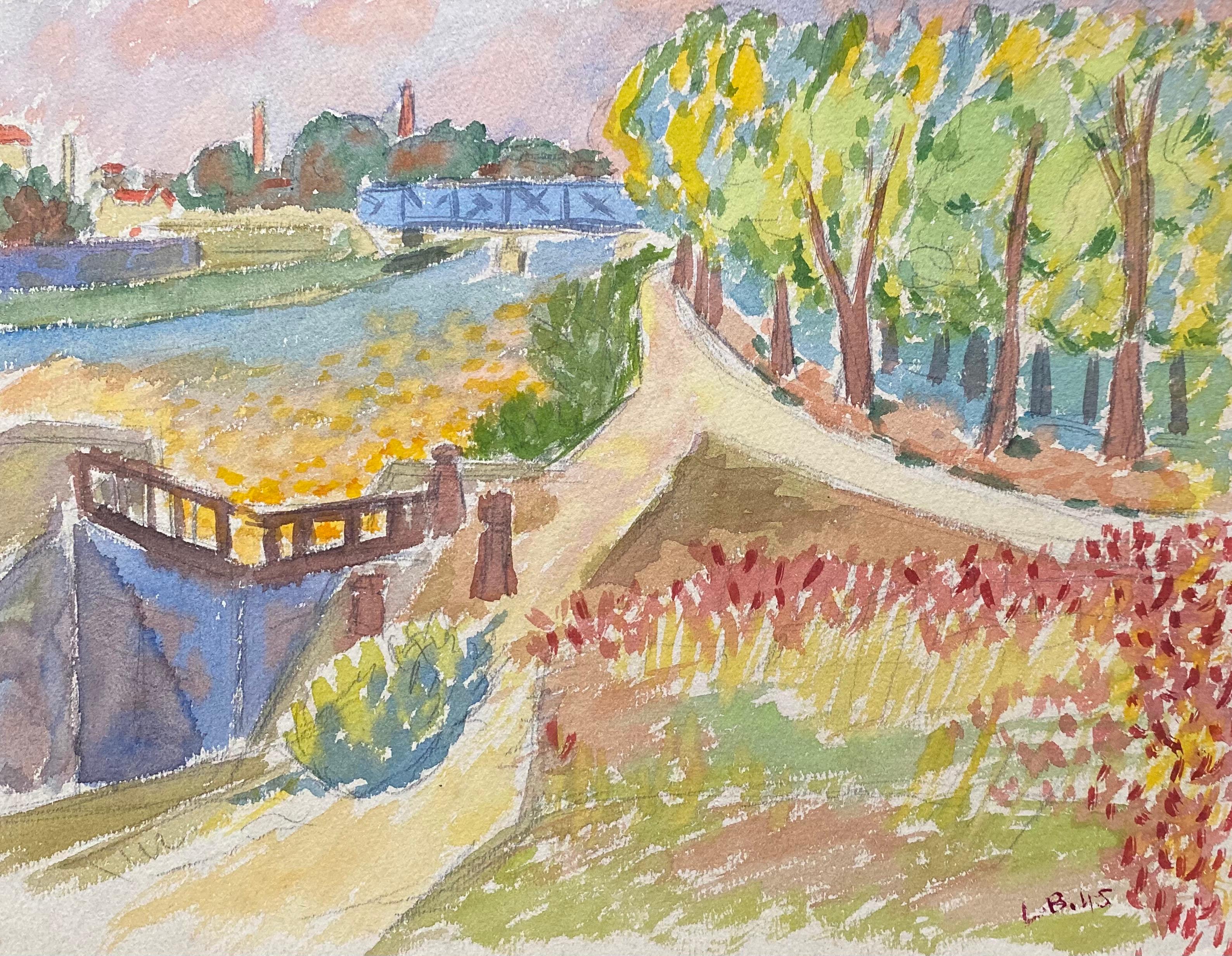 Landscape Painting Louis Bellon - Peinture française Provence des années 1940 - Paysage de rivière  - Artiste post-impressionniste