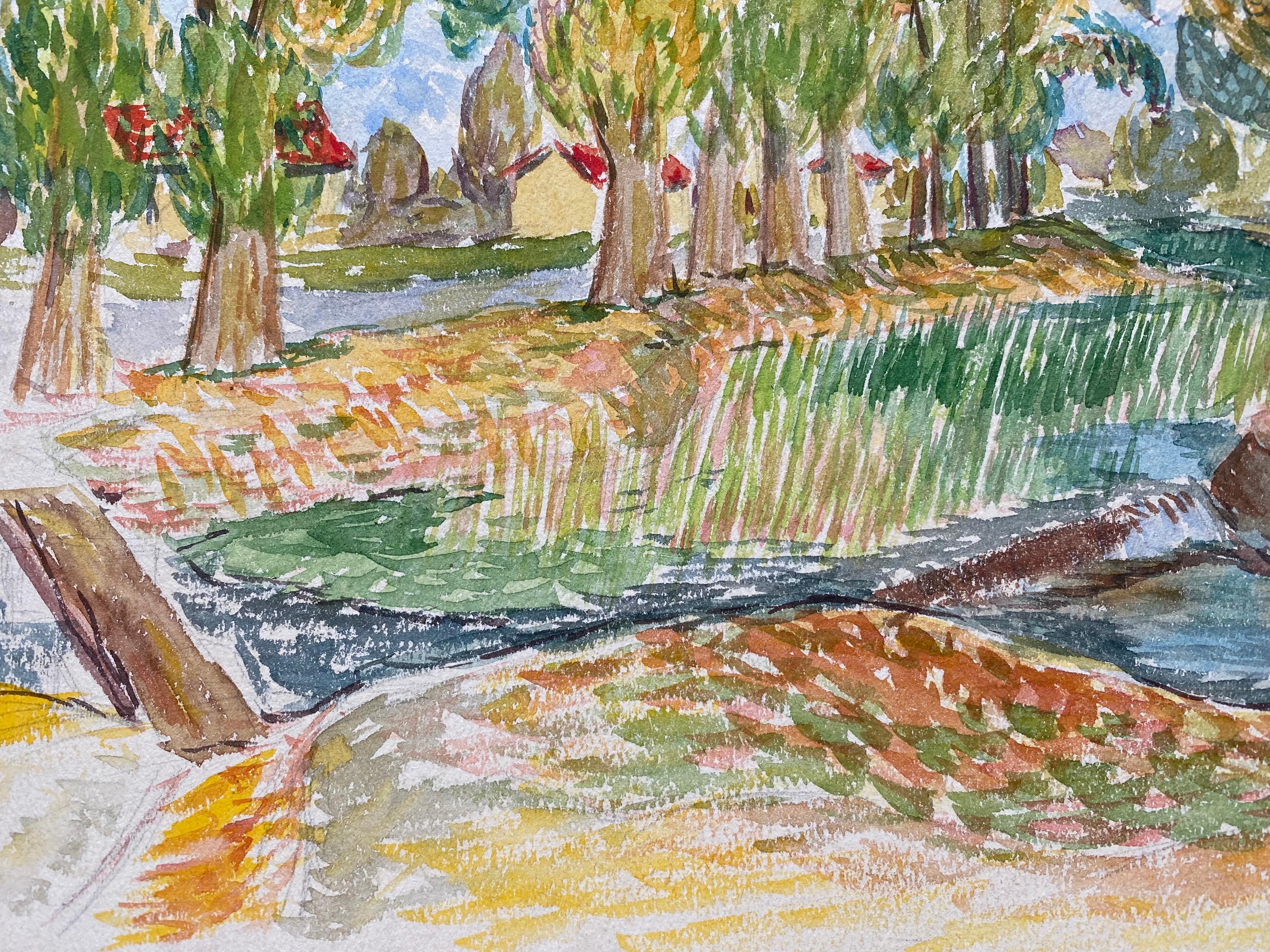1940's Provence French Delicate Landscape - Artista postimpresionista - Landscape Painting Marrón de Louis Bellon