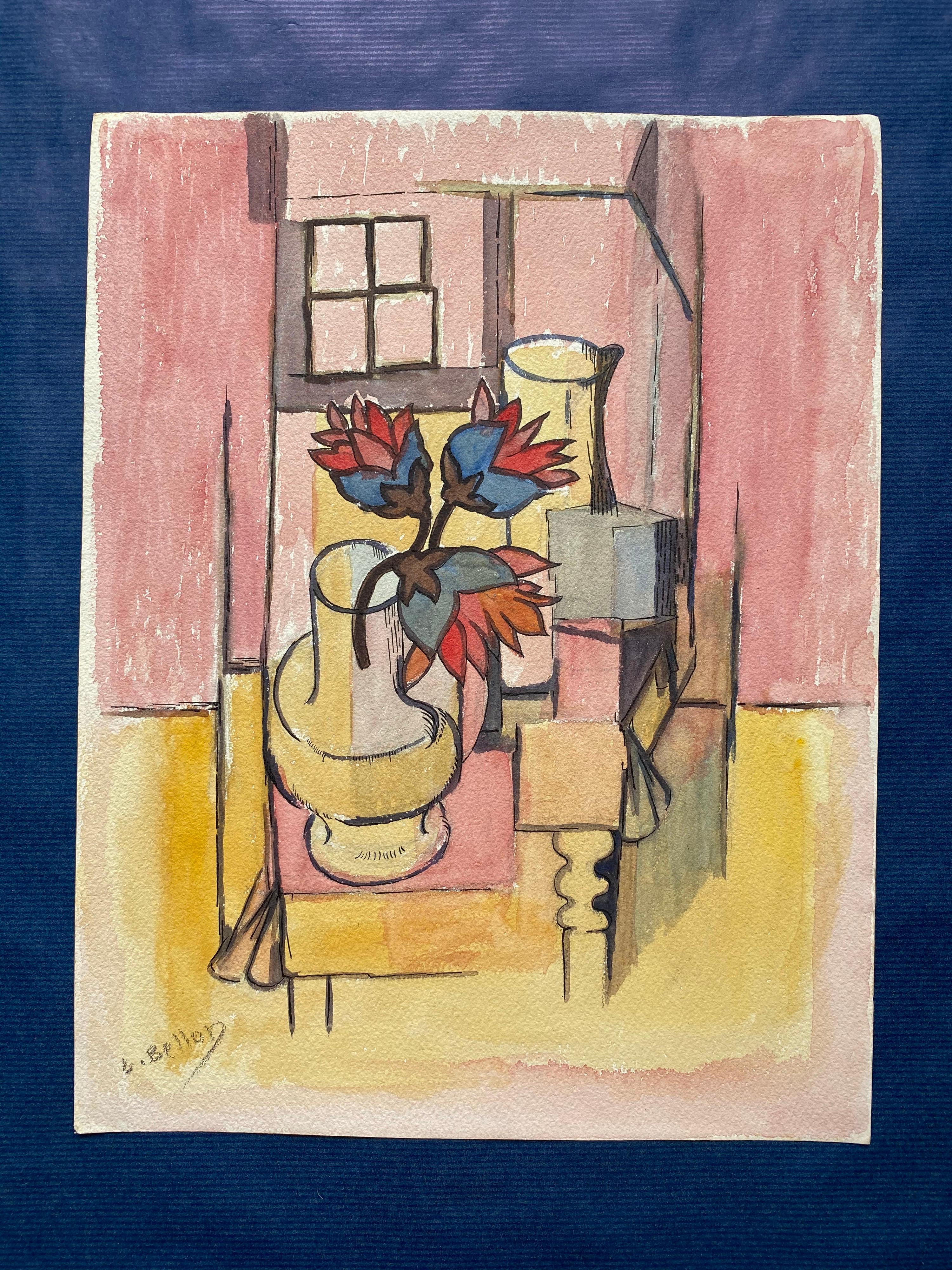 Mid Century Provence French Flower Cubist Abstract Still Life Flowers in Vase - Painting by Louis Bellon