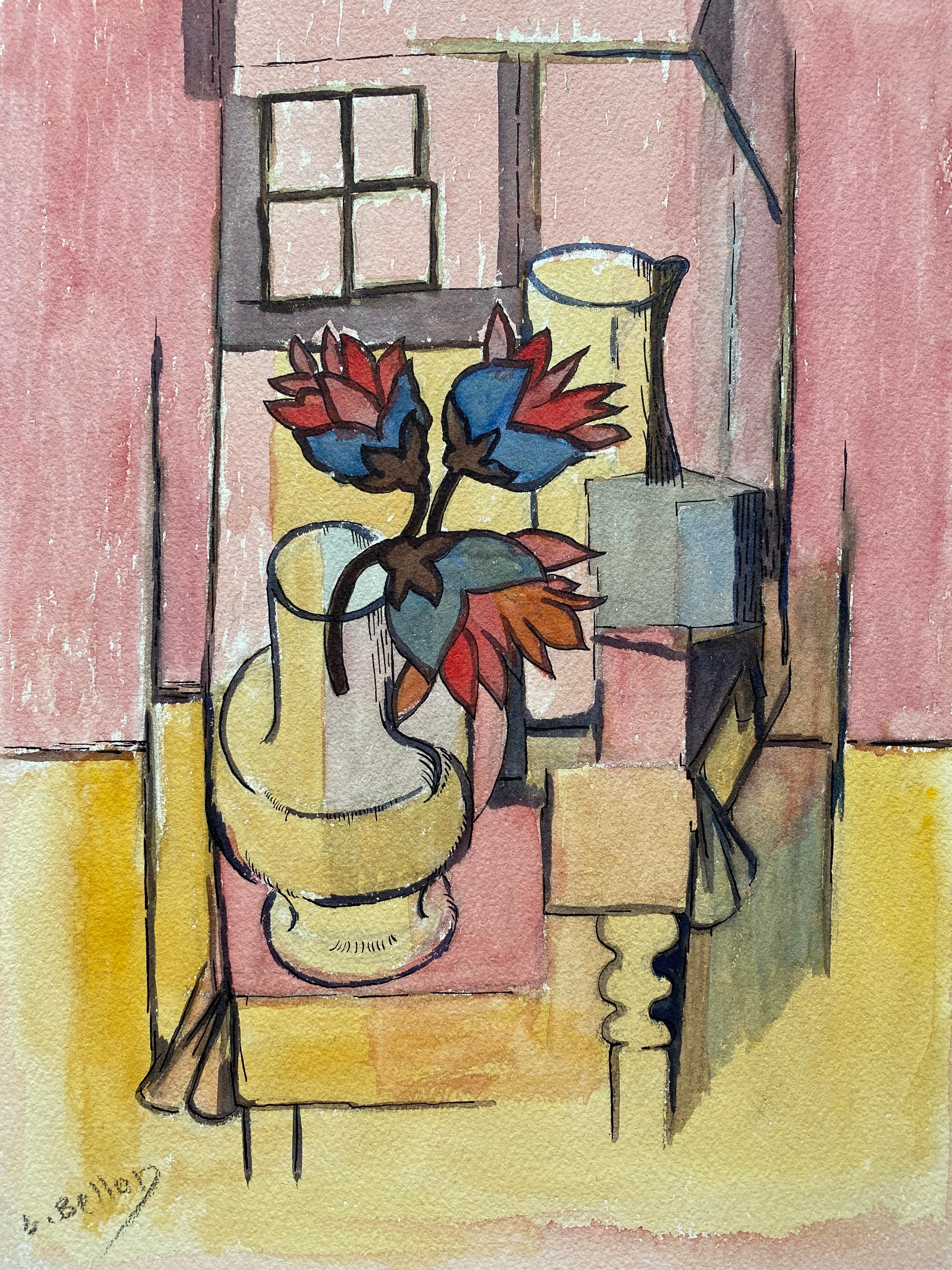 Mid Century Provence French Flower Cubist Abstract Still Life Flowers in Vase