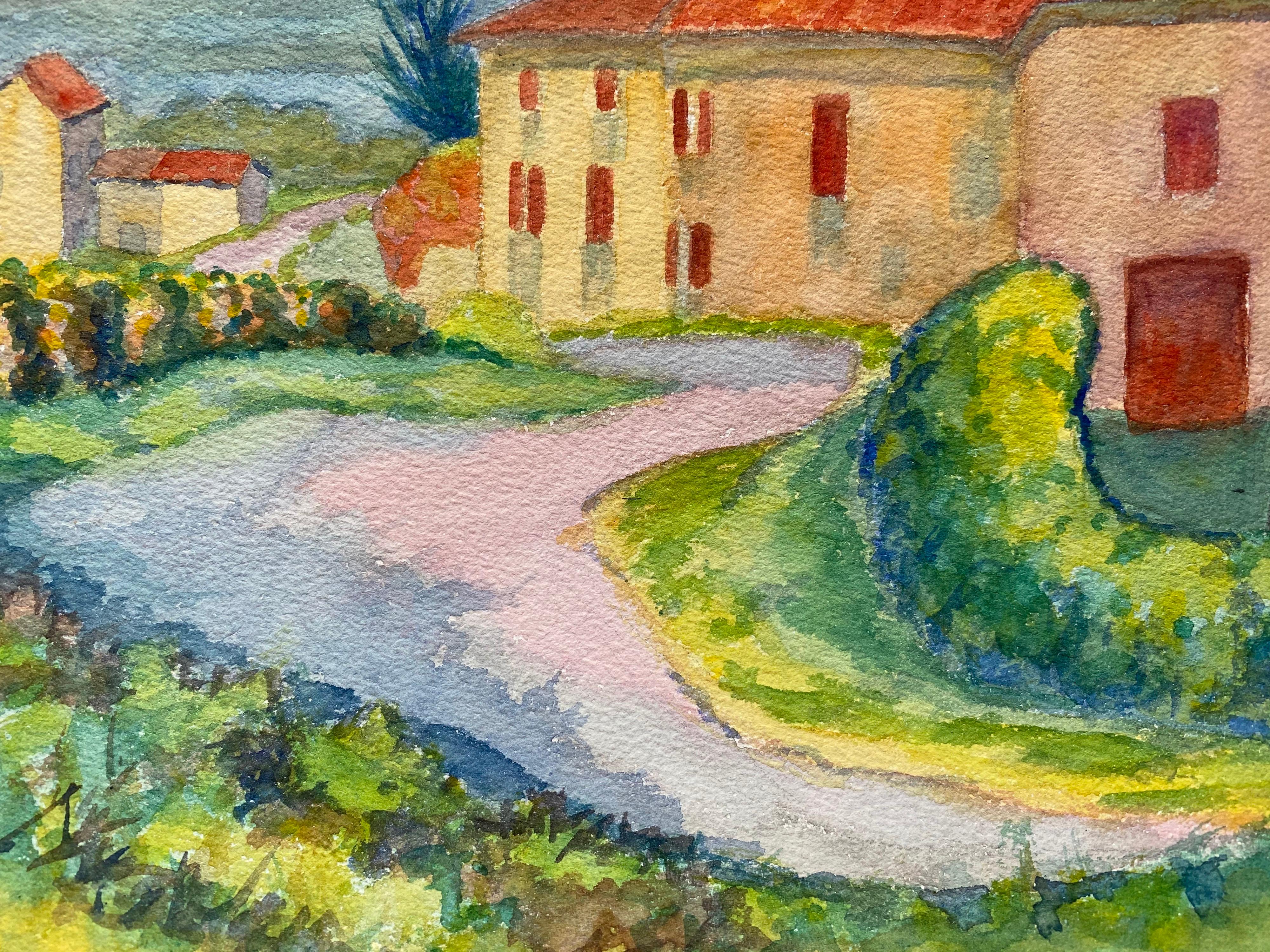 Peinture de maison française de Provence des années 1940  Paysage - Artiste post-impressionniste - Marron Landscape Painting par Louis Bellon