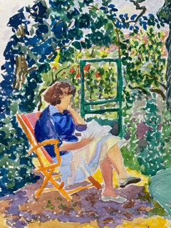 1940er Jahre Provence Französische Dame im Blumengarten Lese – Postimpressionistische Künstlerin