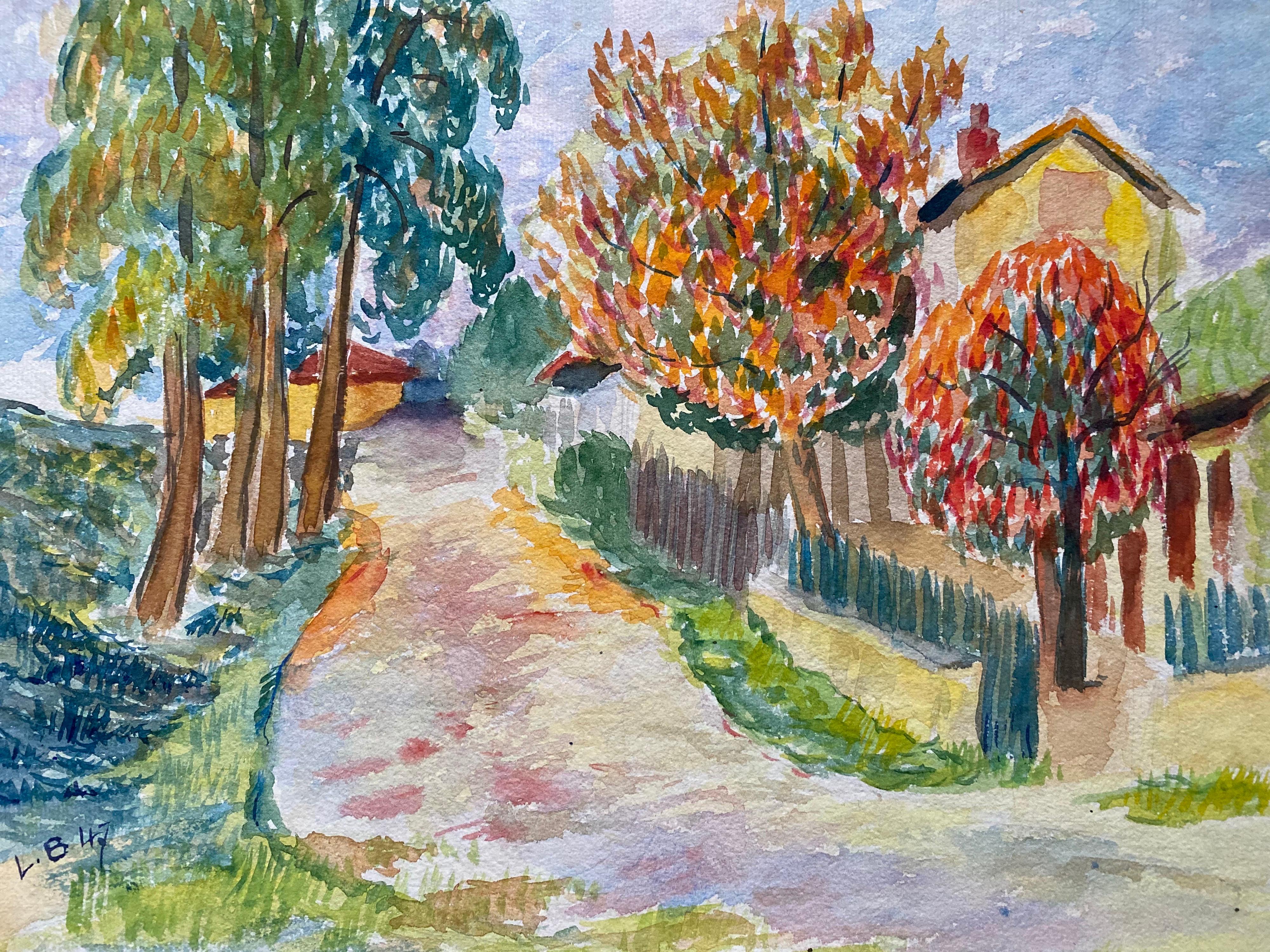 1940's Provence French Orange and Green Landscape  - Post Impressionist artist - Painting by Louis Bellon