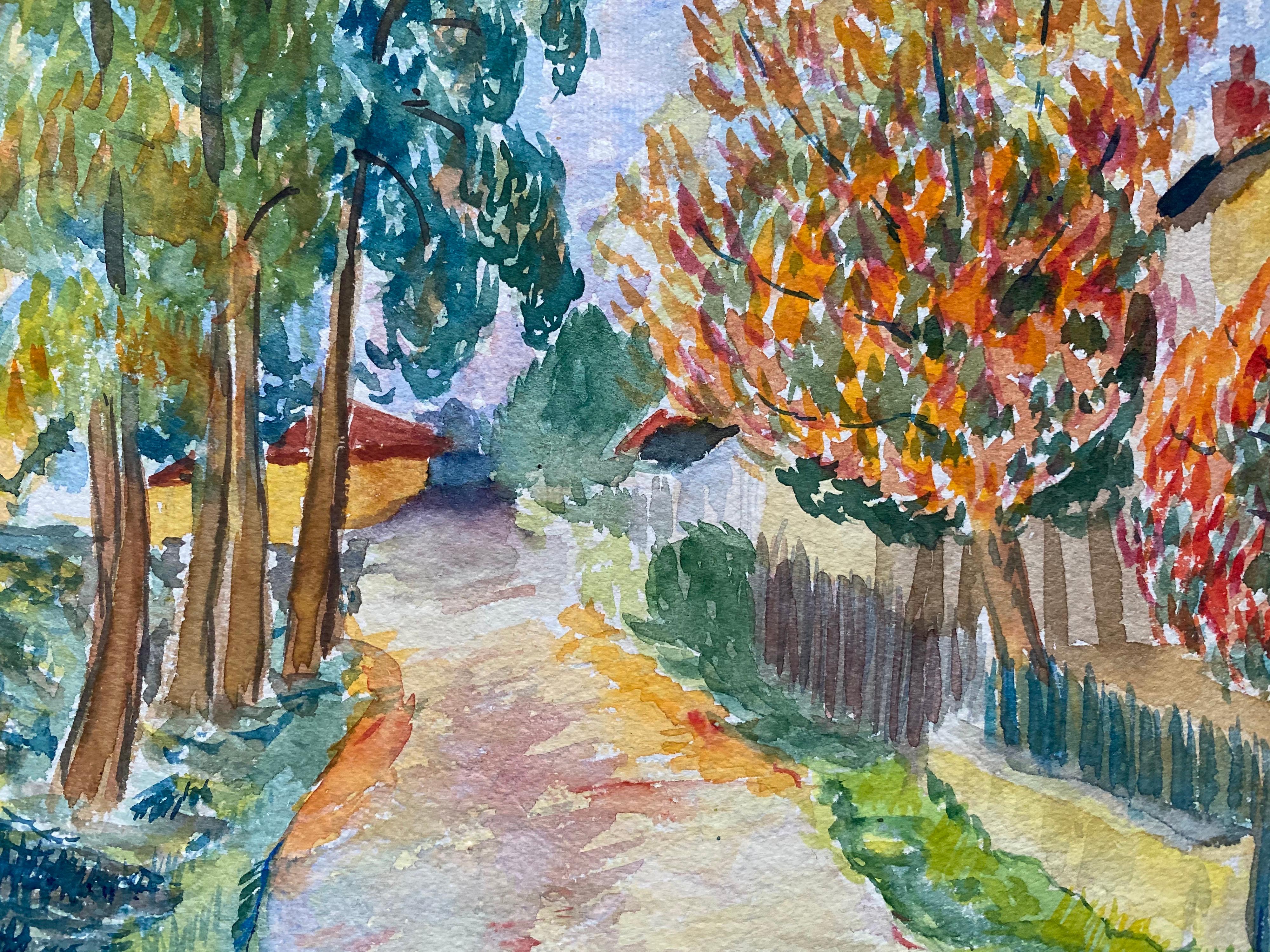 Paesaggio provenzale francese del 1940 in arancione e verde  - Artista post-impressionista - Painting Postimpressionismo di Louis Bellon