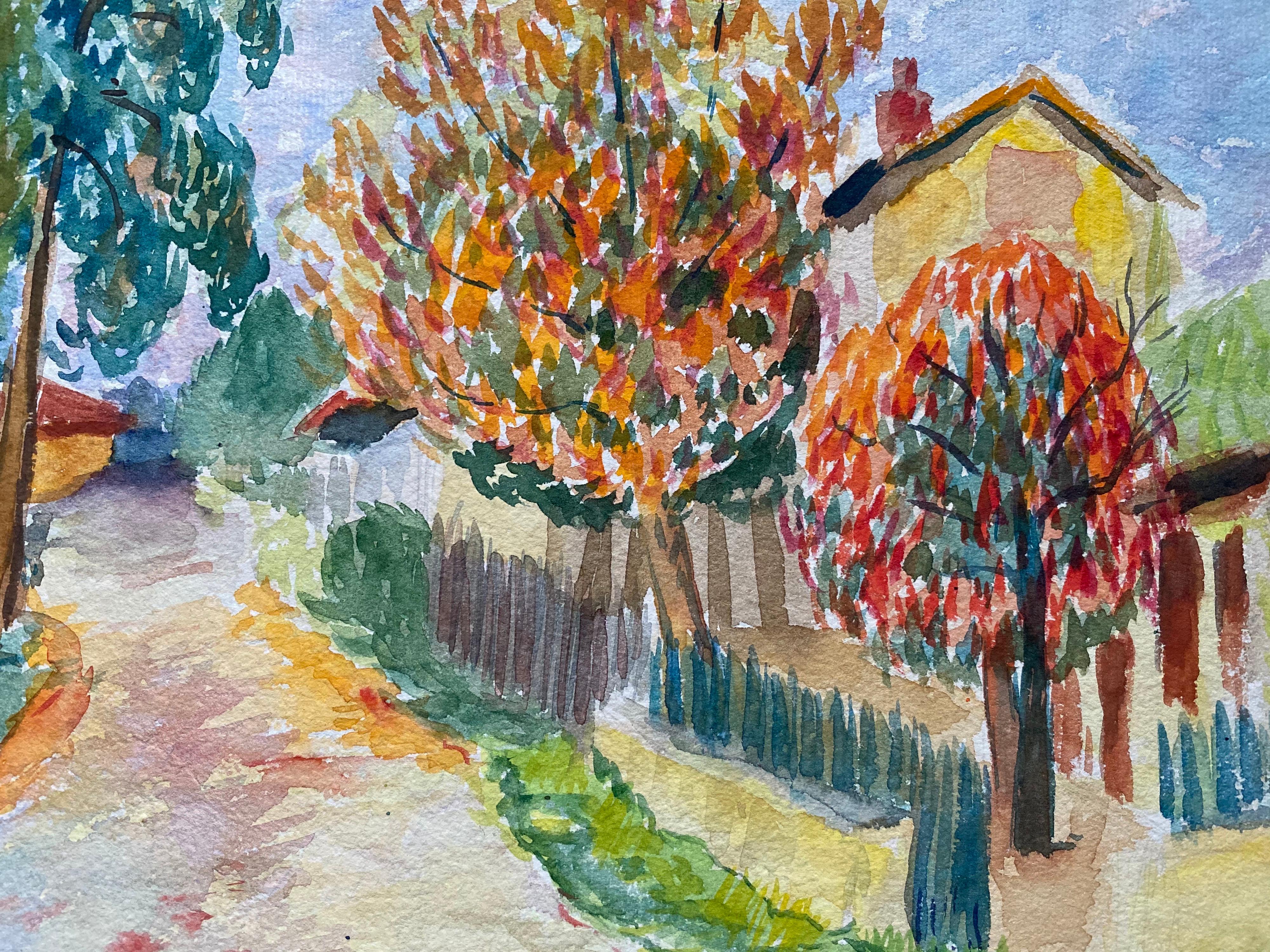 Paesaggio provenzale francese del 1940 in arancione e verde  - Artista post-impressionista - Landscape Painting Marrone di Louis Bellon