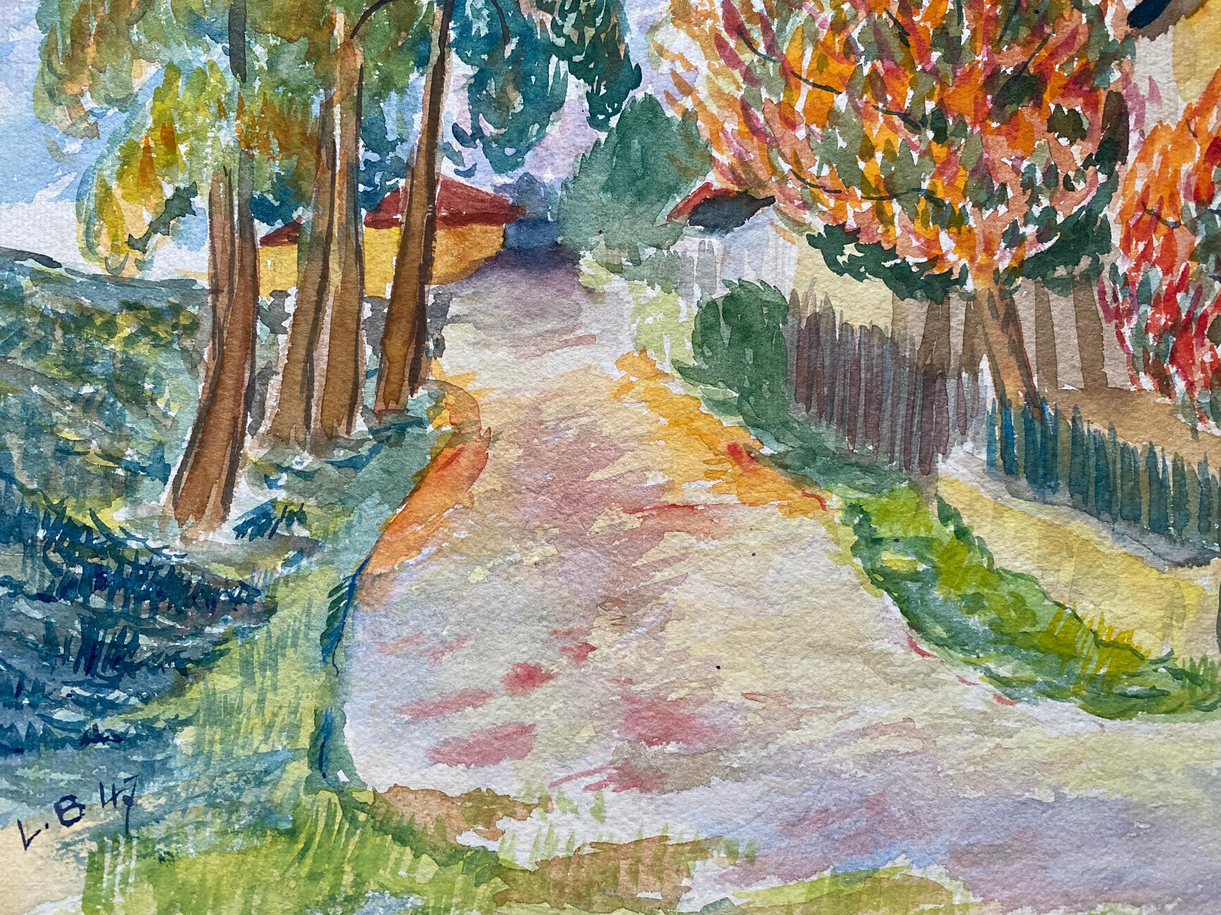 Paesaggio provenzale francese del 1940 in arancione e verde  - Artista post-impressionista in vendita 1