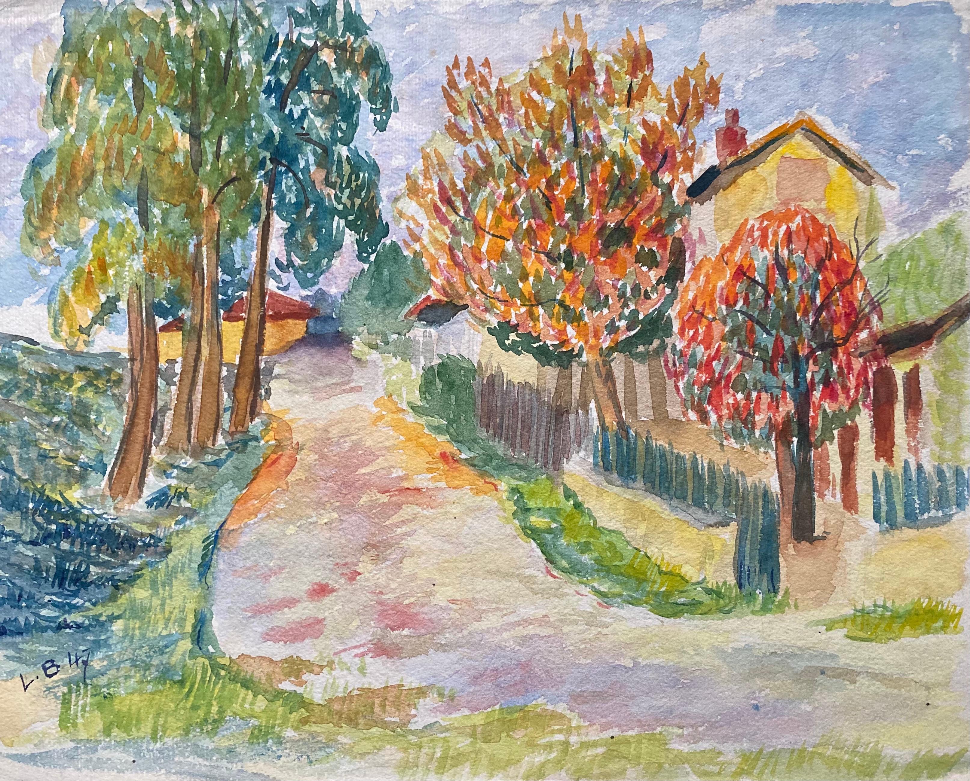 1940's Provence French Orange and Green Landscape  - Post Impressionist artist