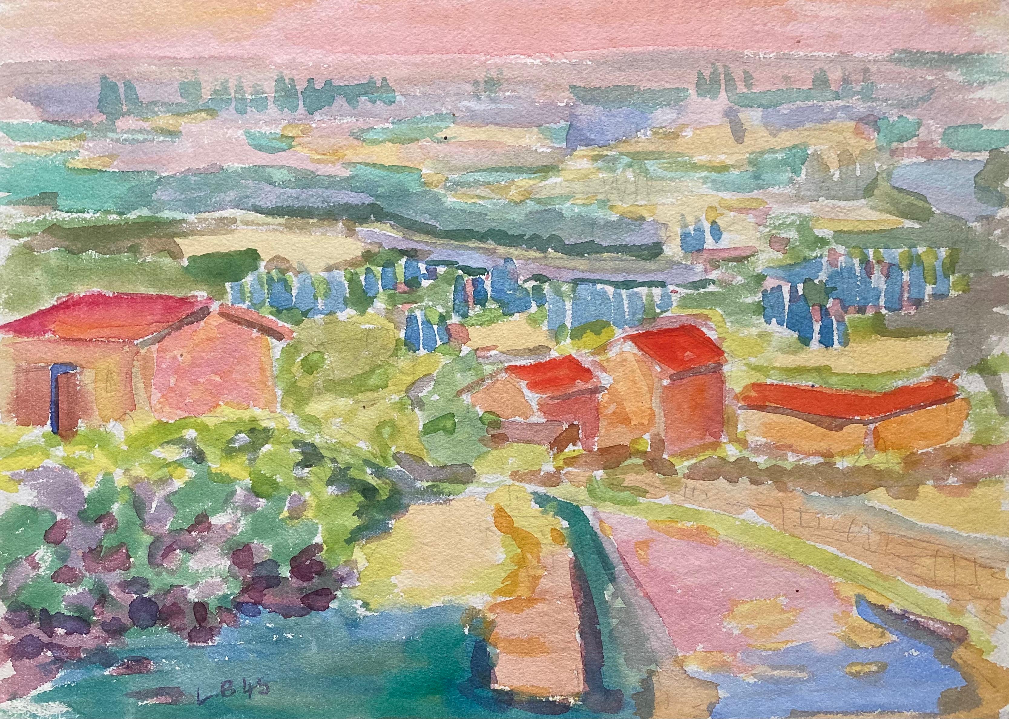 Louis Bellon Landscape Painting - 1940's Provence French Town Painting Landscape  - Post Impressionist artist
