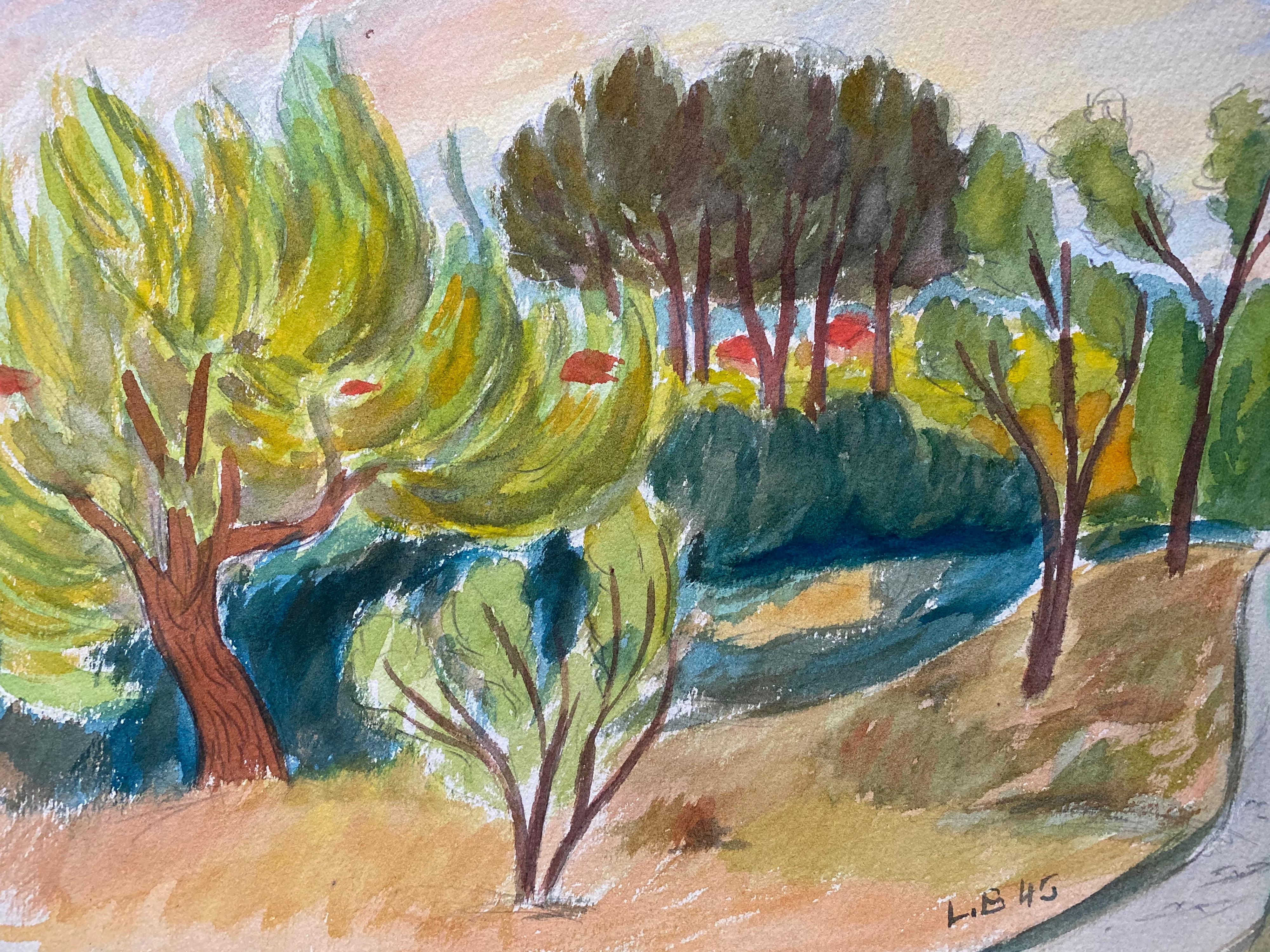 1940's Provence French Trees In The Wind Landscape  - Post Impressionist artist - Painting by Louis Bellon
