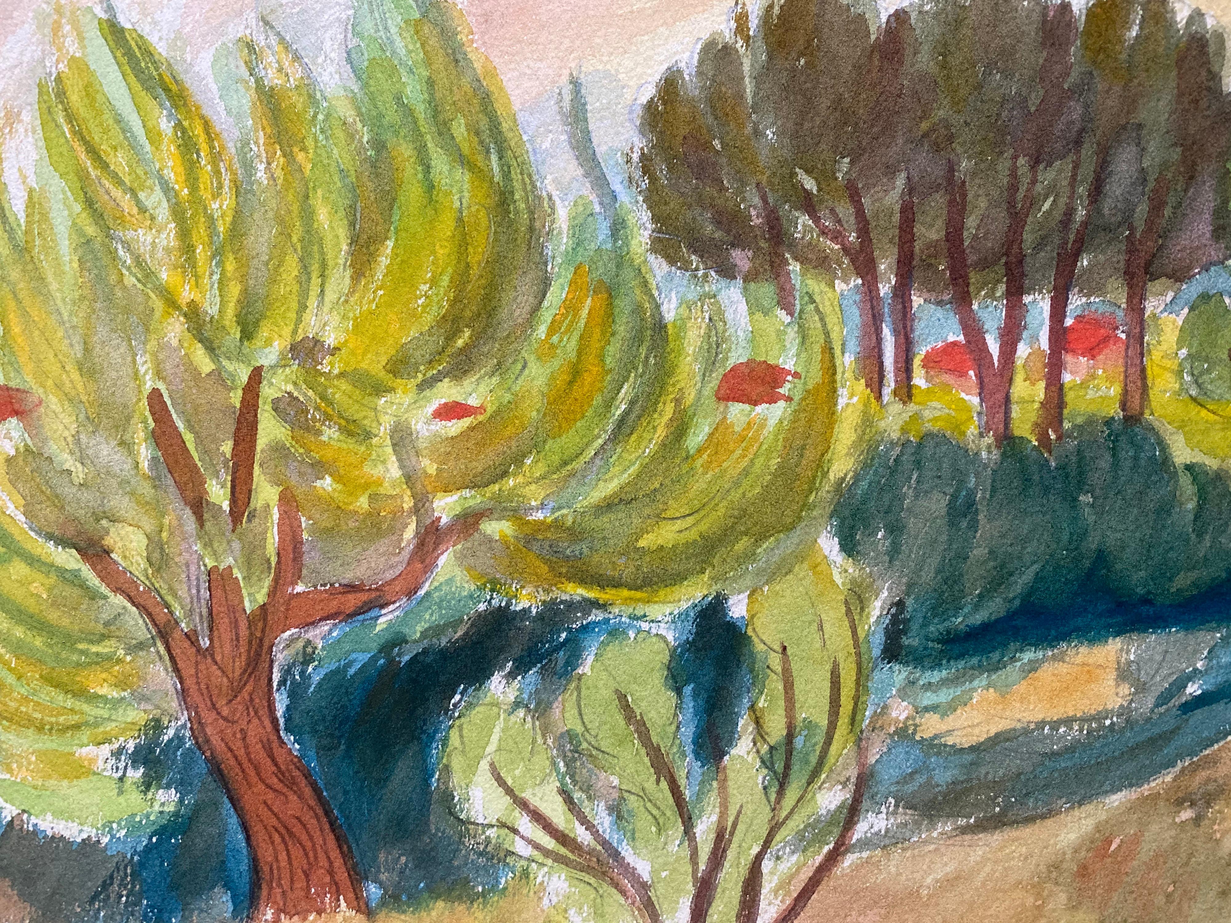1940's Provence French Trees In The Wind Landscape  - Post Impressionist artist - Post-Impressionist Painting by Louis Bellon
