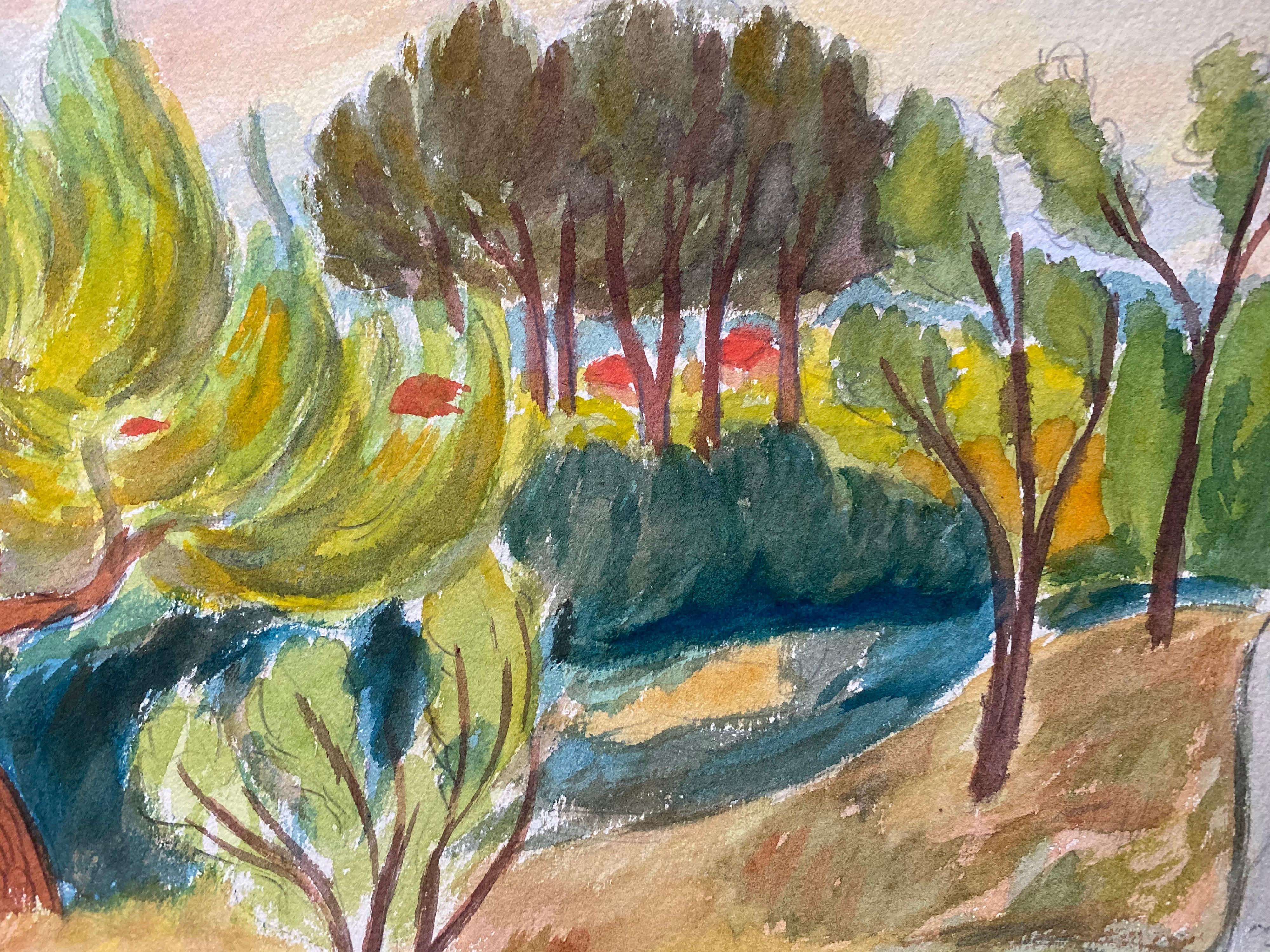 1940's Provence French Trees In The Wind Landscape  - Post Impressionist artist - Brown Landscape Painting by Louis Bellon