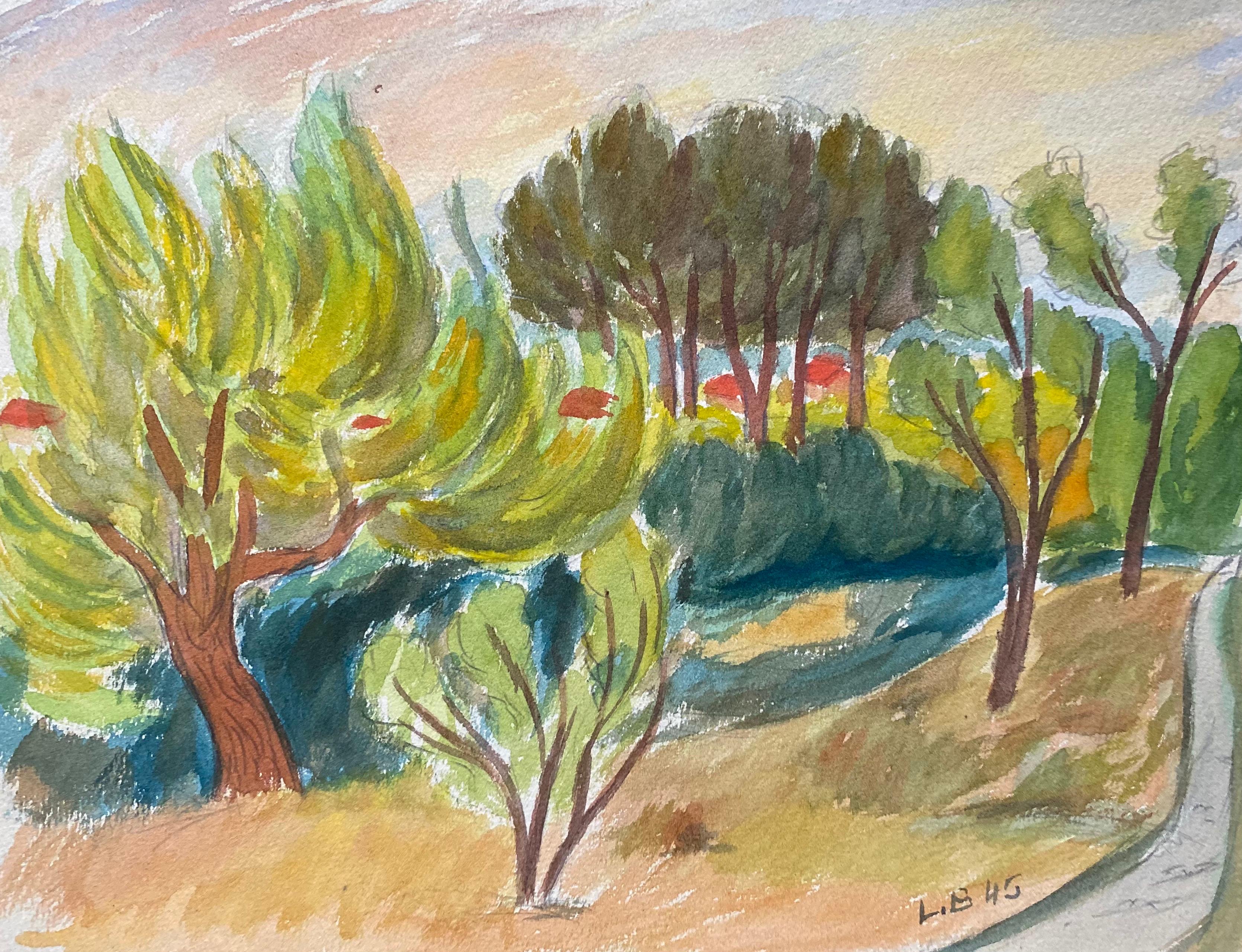 Louis Bellon Landscape Painting - 1940's Provence French Trees In The Wind Landscape  - Post Impressionist artist