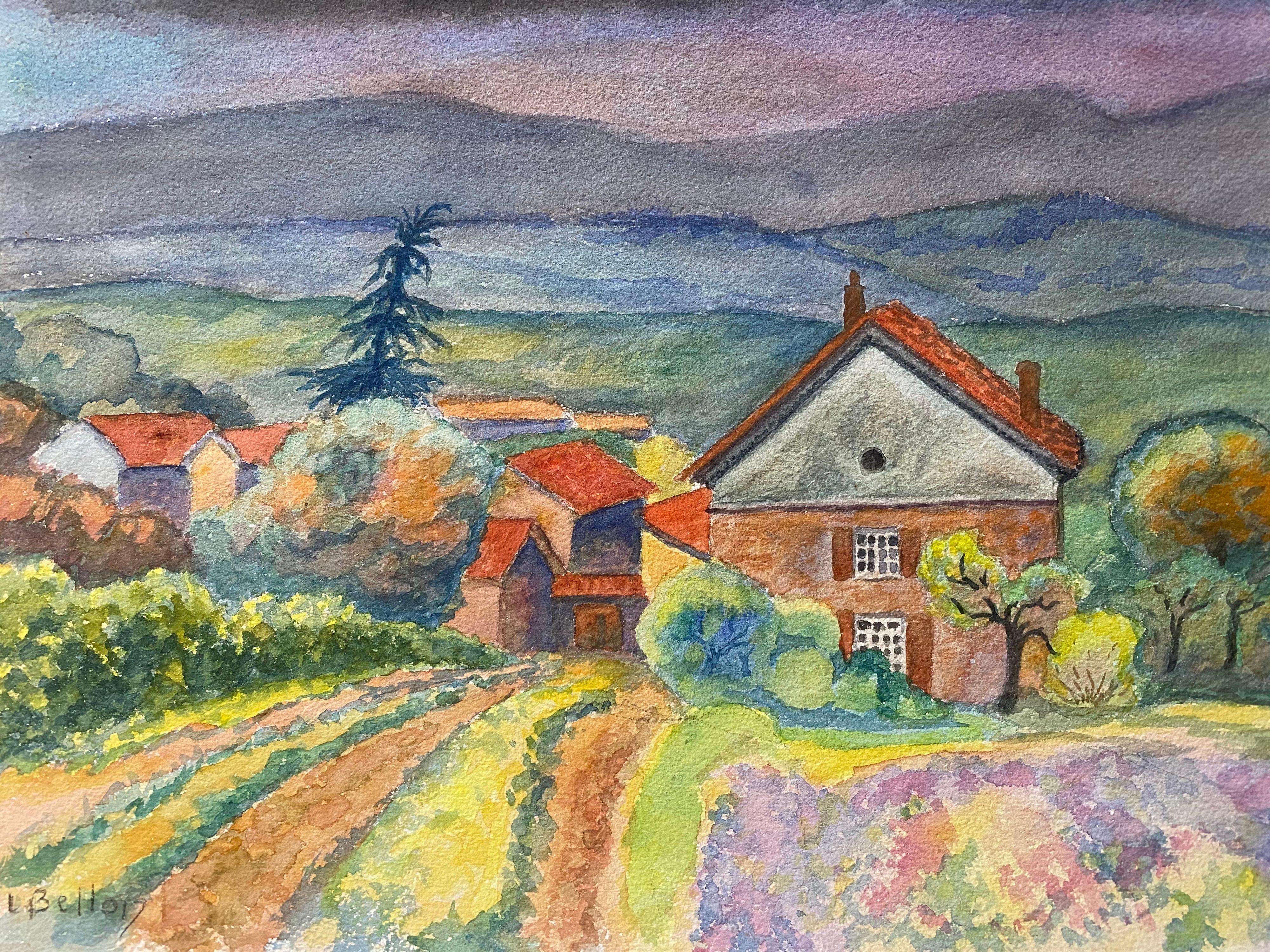 Peinture de Provence des années 1940 - champs de nuages français  - Artiste post-impressionniste - Gris Landscape Art par Louis Bellon
