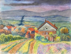 Antique 1940's Provence Painting Cloudy French Fields  - Post Impressionist artist