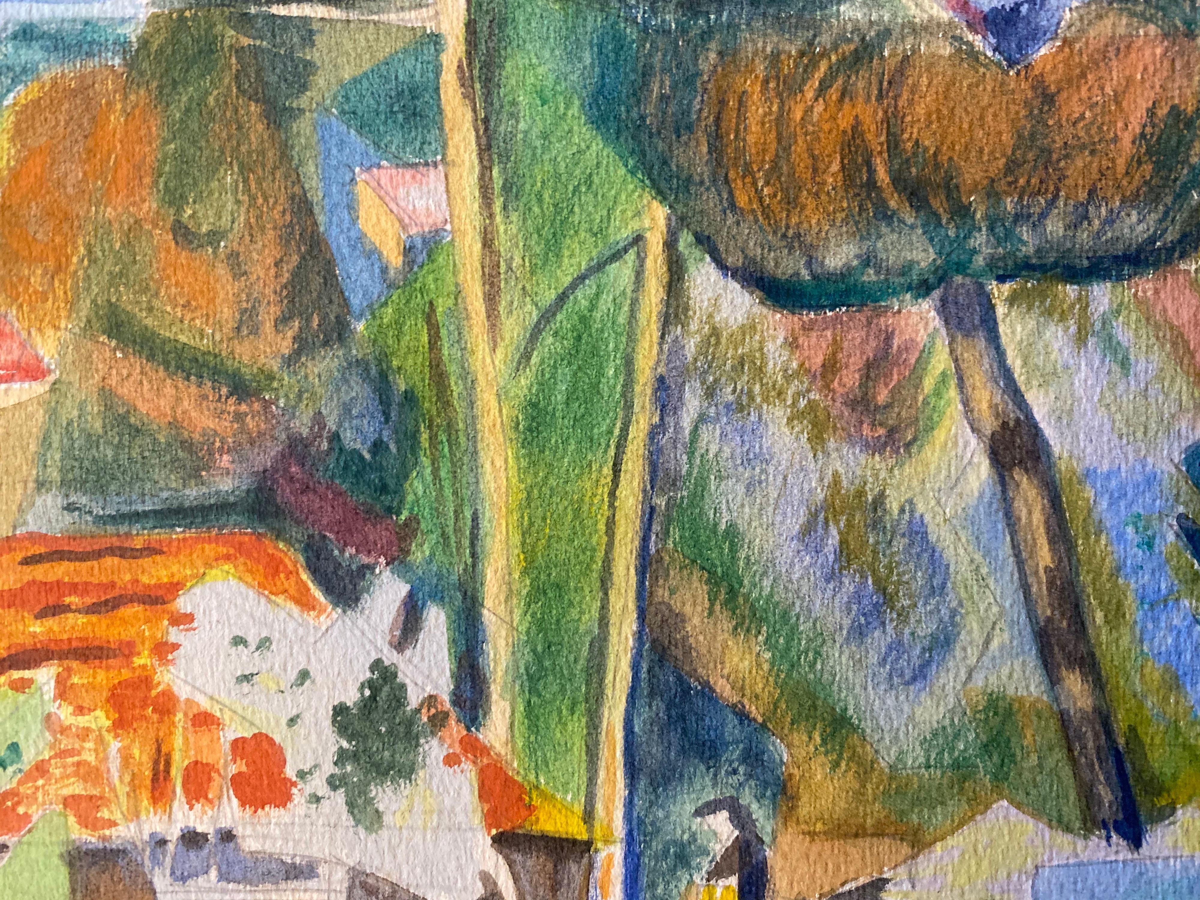 Peinture de Provence des années 1940 - Paysage français aux couleurs vives  - Artiste post-impressionniste - Marron Landscape Art par Louis Bellon