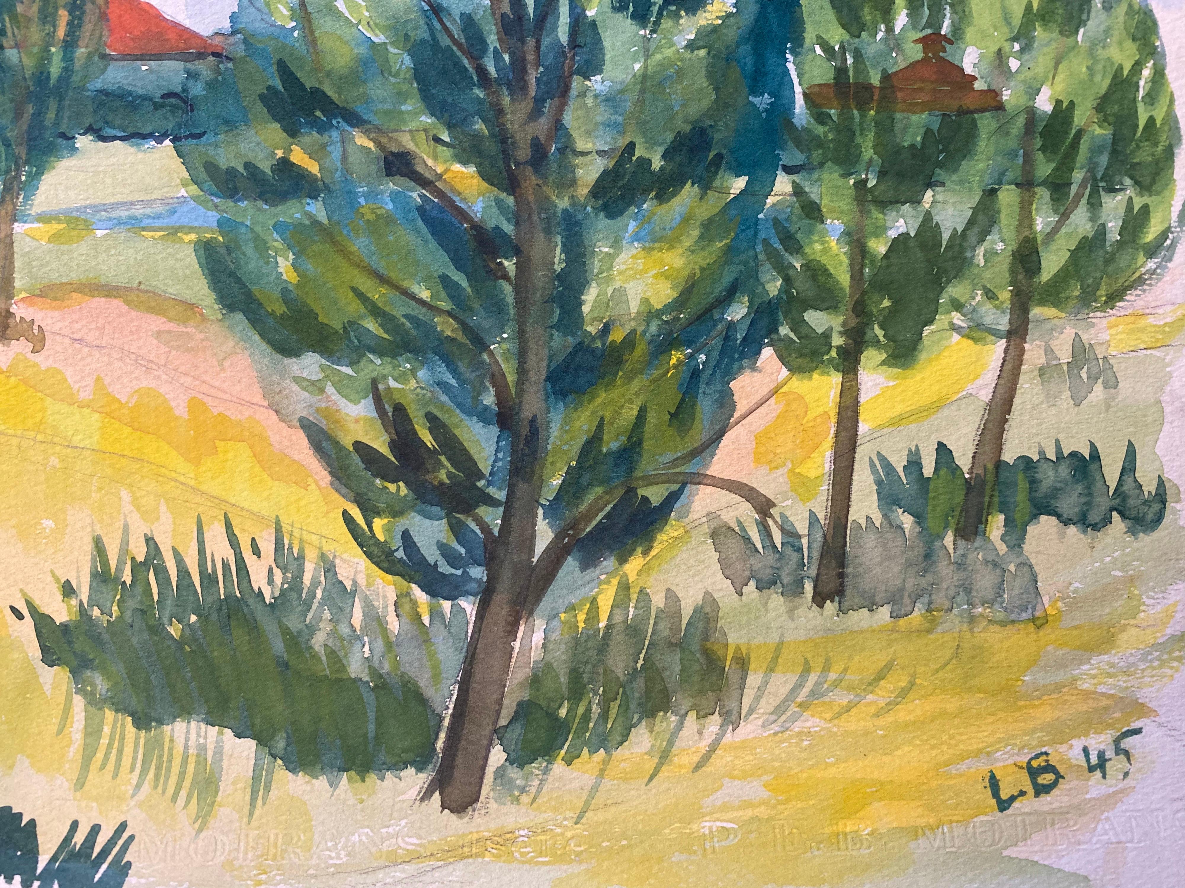 1940er Jahre Provence-Gemälde, Französisch, Grüne Bäume   - Postimpressionistischer Künstler (Braun), Landscape Art, von Louis Bellon
