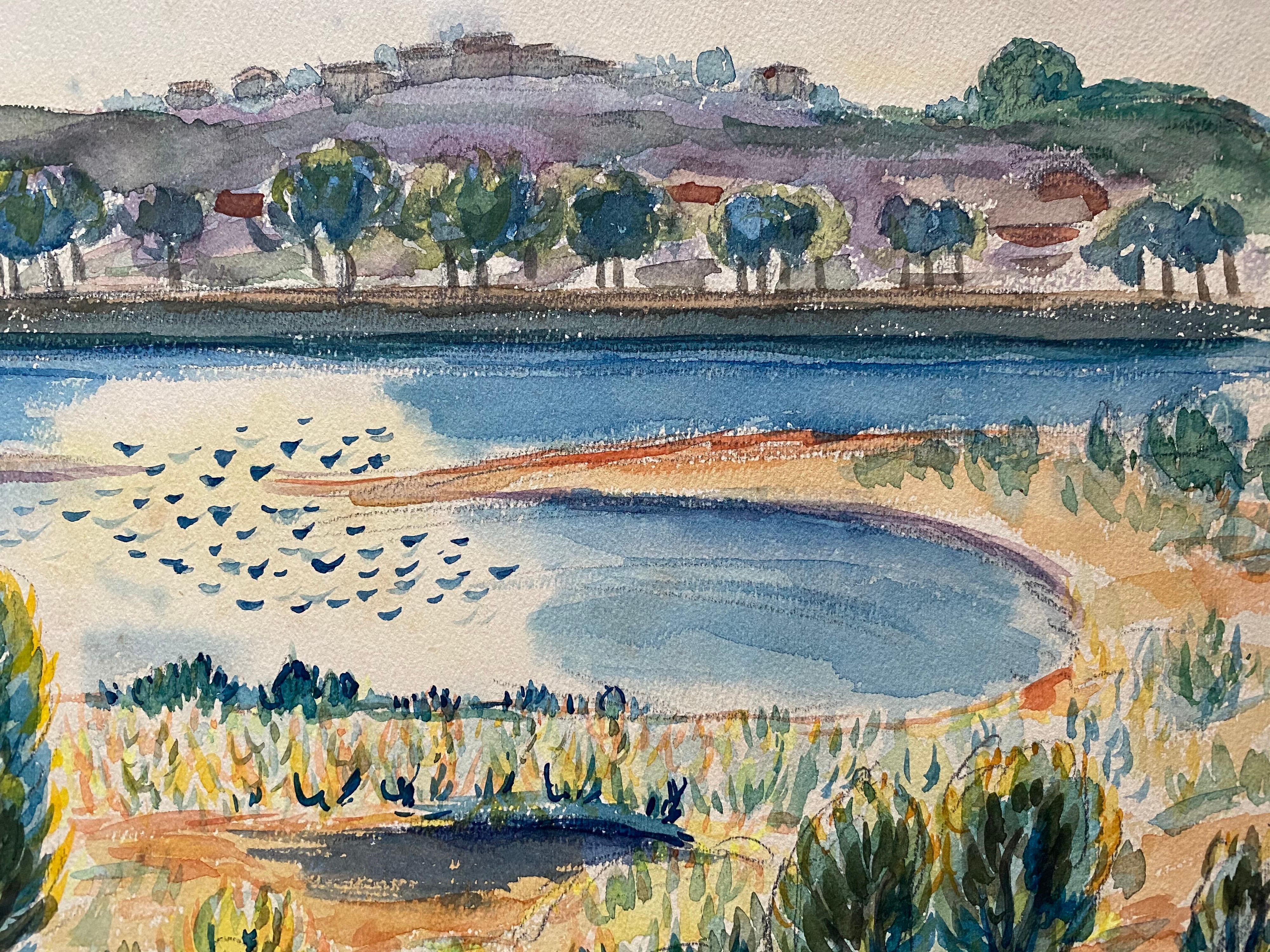 Peinture de Provence des années 1940 - Paysage de lac français  - Artiste post-impressionniste en vente 1