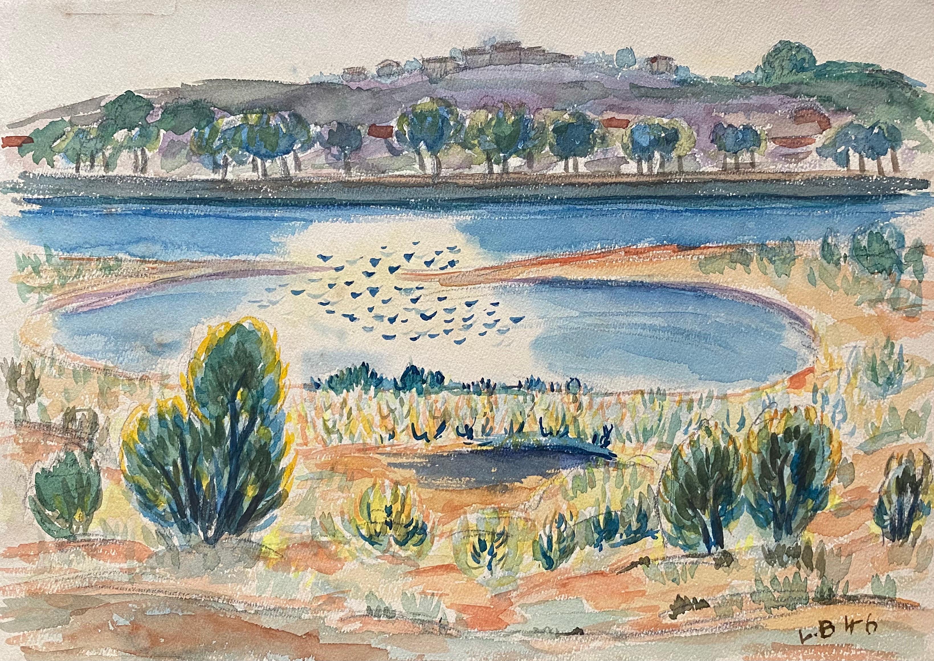 Louis Bellon Landscape Art - 1940's Provence Painting French Lake Landscape  - Post Impressionist artist