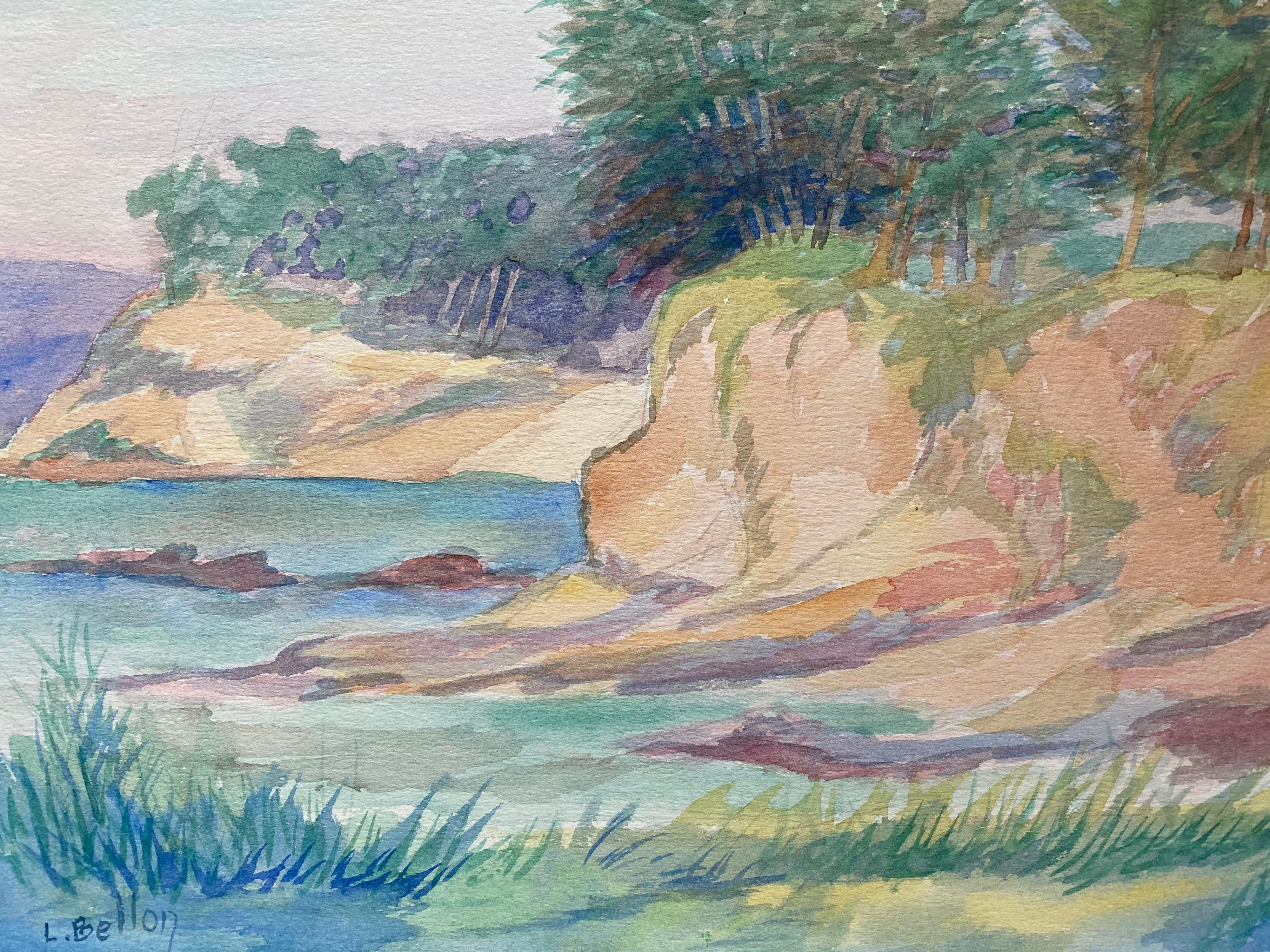 Peinture de Provence des années 1940 - Paysage de mer d'été  - Artiste post-impressionniste - Painting de Louis Bellon