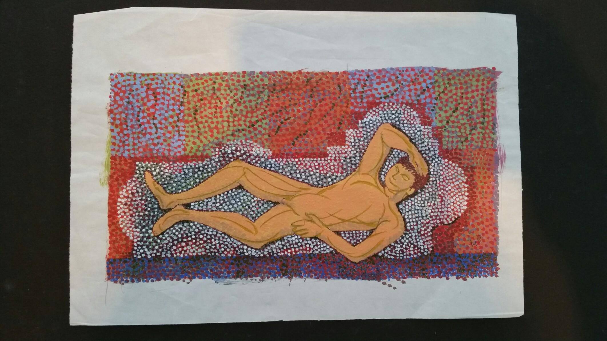 Pointillist Reclining Male Nude
by Louis Bellon (French 1908-1998)
initialled lower right
gouache painting on paper, unframed
measurements: 5.5 x 10 inches (overall the sheet measures 8.25 x 11.9 inches)

provenance: private collection of the