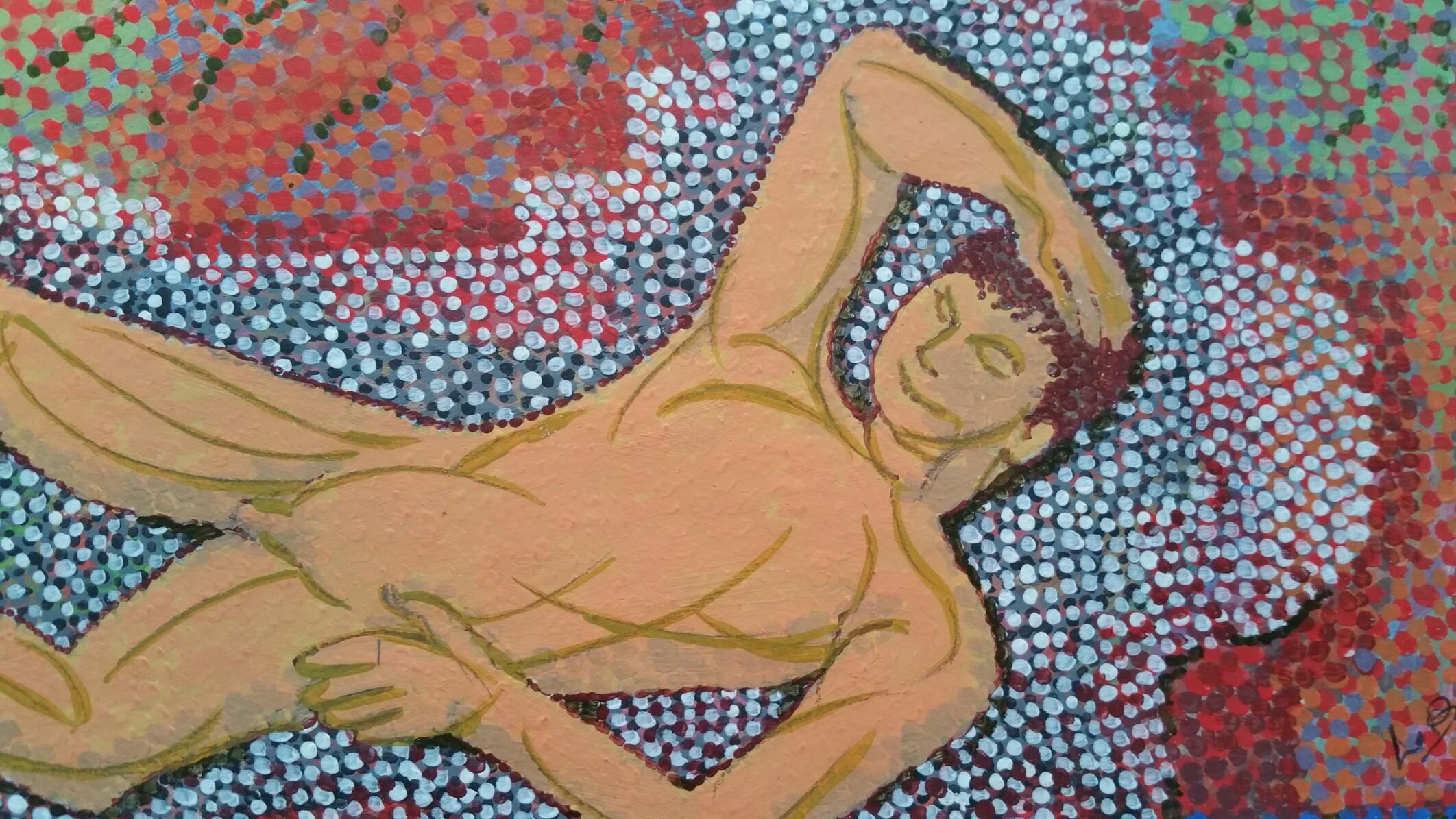 French Pointillist Reclining Male Nude Mid 20th Century Painting For Sale 1