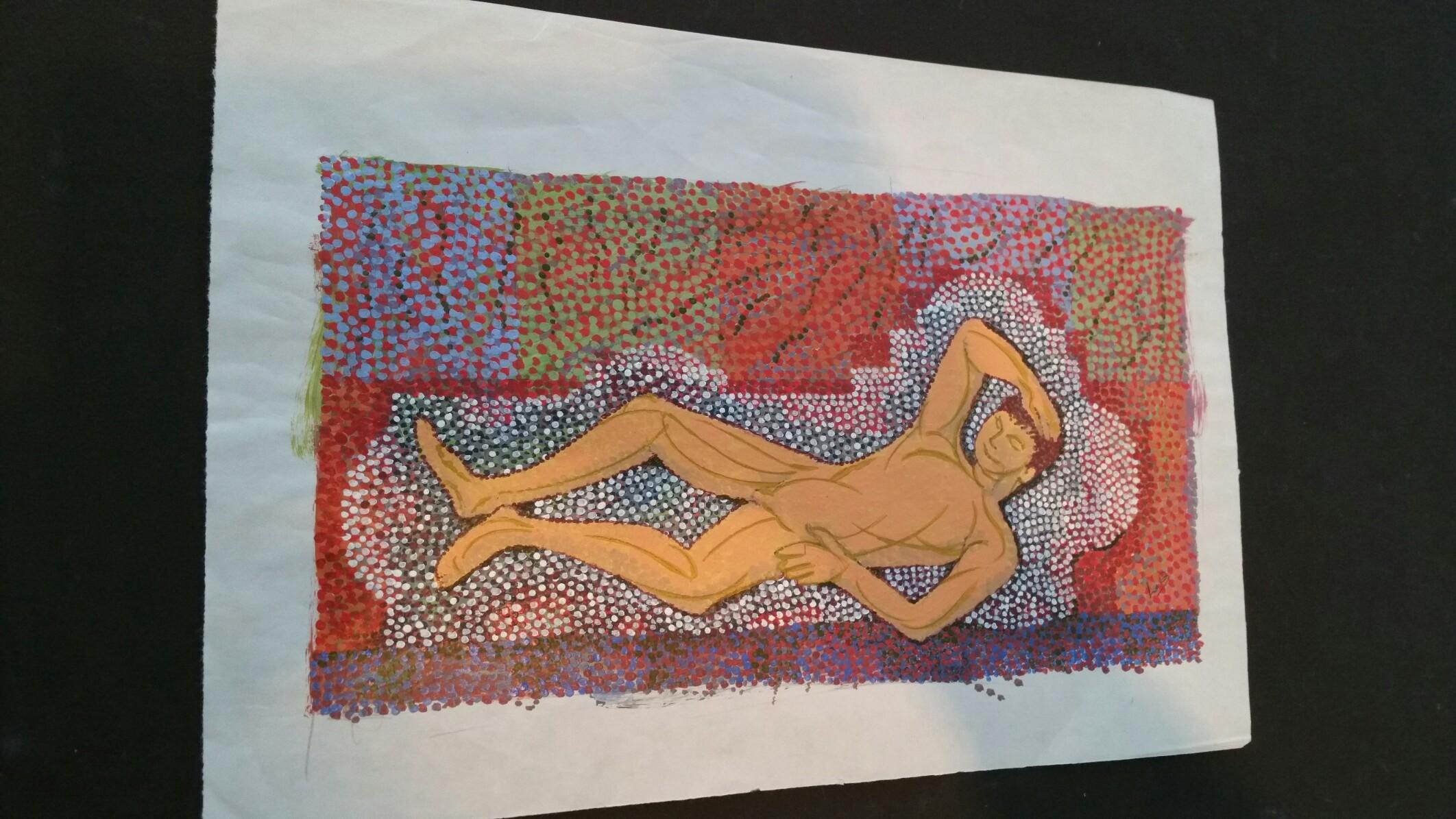 French Pointillist Reclining Male Nude Mid 20th Century Painting For Sale 4