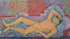 Vintage French Pointillist Reclining Male Nude Mid 20th Century Painting