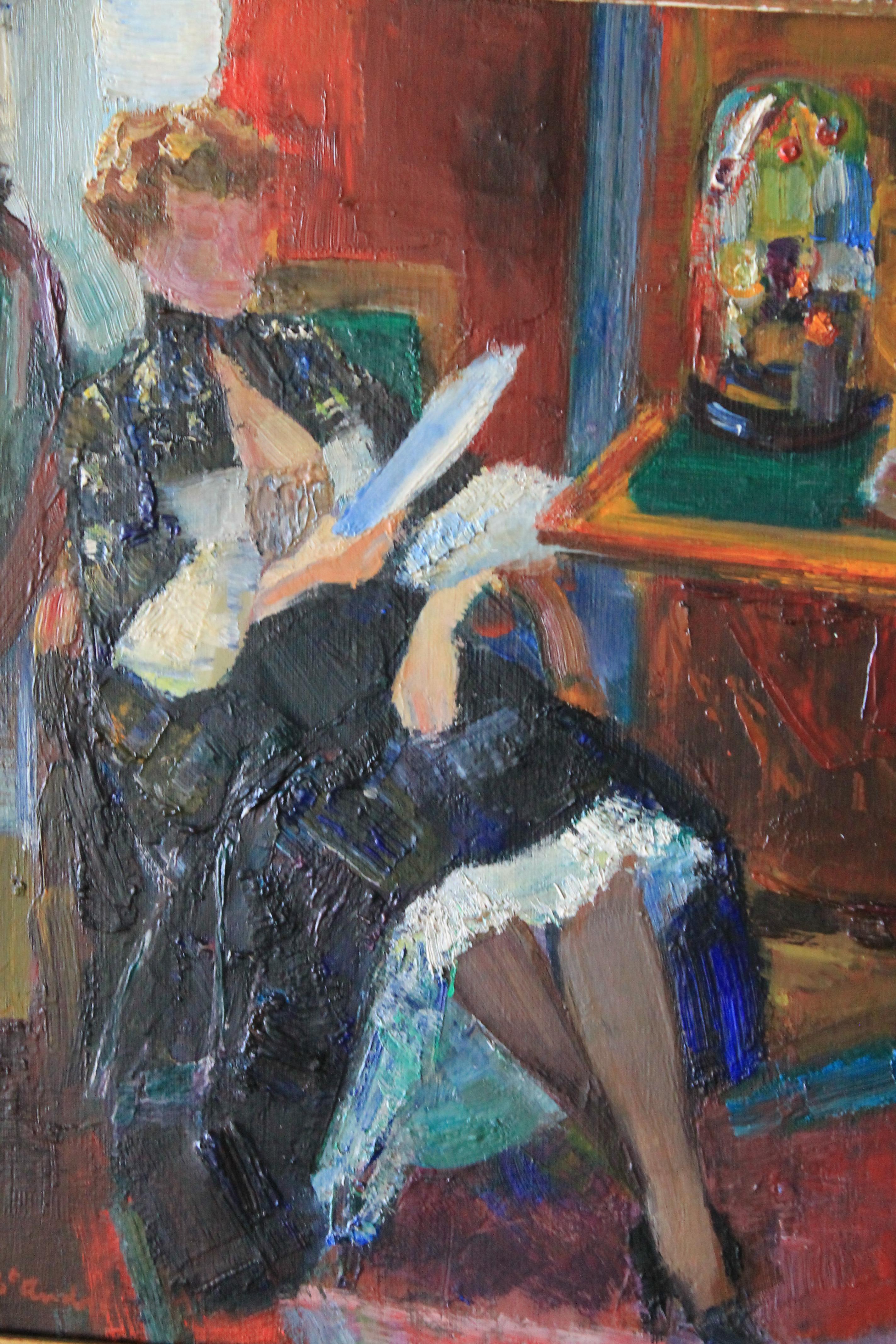 Figurative oil painting woman reading by Louis Berthomme Saint Andre - Post-Impressionist Painting by Louis Berthomme Saint-Andre