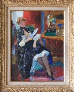 Figurative oil painting woman reading by Louis Berthomme Saint Andre