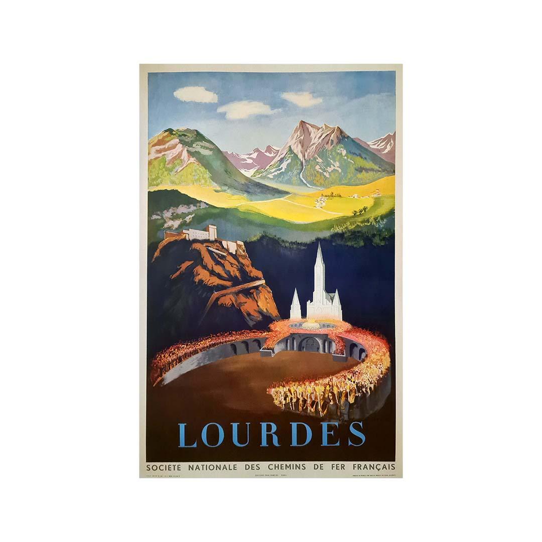 1951 original travel poster by Louis Berthomme Saint-Andr to Lourdes SNCF For Sale 1